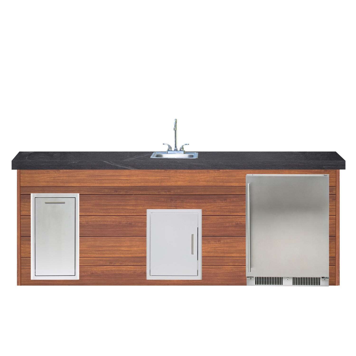 BBQGuys Signature 8ft Luxury Outdoor Island W/ Blaze Outdoor Rated Refrigerator & Summerset 15-Inch Sink - Light National Walnut Aluminum W/ Black Polished Granite thumbnail