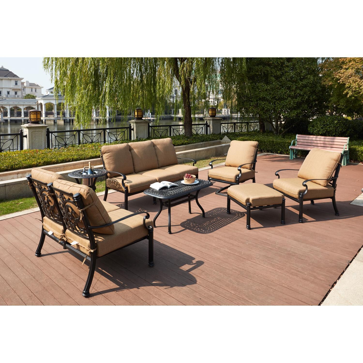 Darlee B/201018-7PC-60RQB Santa Barbara 7 Piece Cast Aluminum Patio Conversation Set W/ 24 Inch Round Ice Bucket End Table, 42 X 21 Inch Rectangular Coffee Table & Sesame Cushions - Lifestyle thumbnail