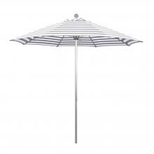 California Umbrella Venture Series 9 Ft Octagonal Aluminum Patio Umbrella W/ Push Lift & Fiberglass Ribs - Silver Anodized Frame / Olefin Gray White Cabana Stripe Canopy