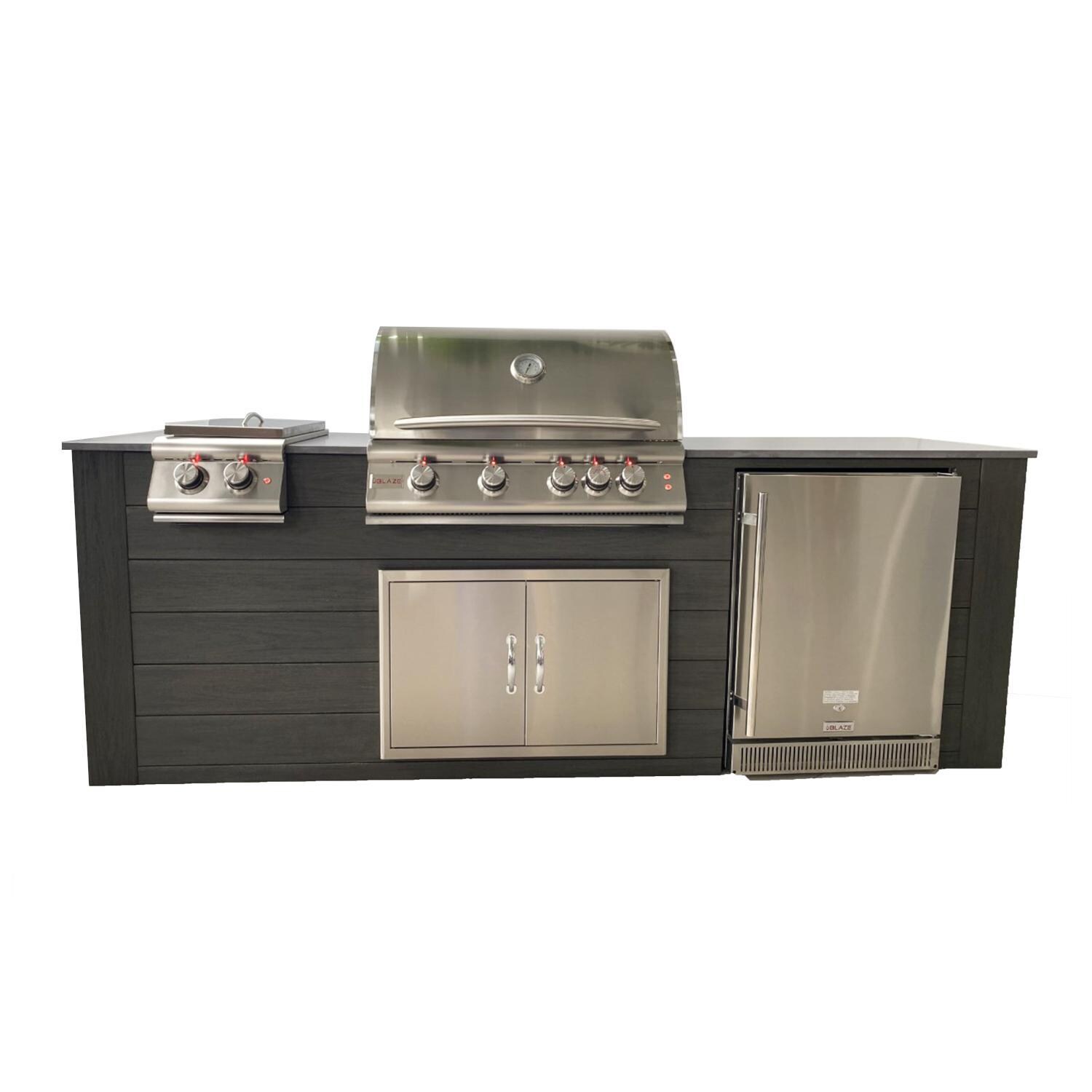 Pro-Fit 8-Foot Outdoor Kitchen Island W/ Blaze Premium LTE 32-Inch Propane Gas Grill, Double Side Burner & Refrigerator - Onyx / Grigio Cemento Satin image