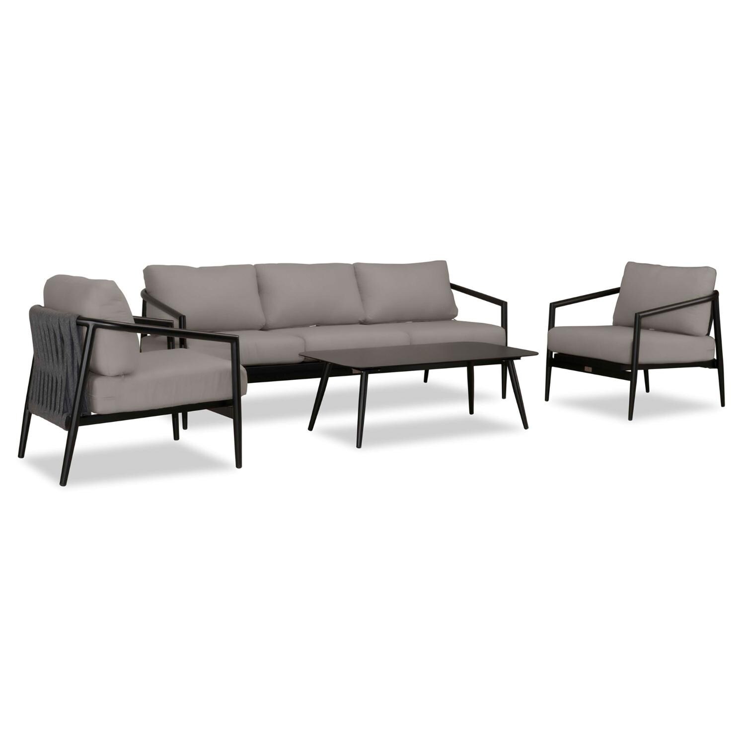 Lakeview Midnight Cove 4 Pc Aluminum Sofa Seating Set in Black/Carbon/Canvas Charcoal - Angled - White Background thumbnail