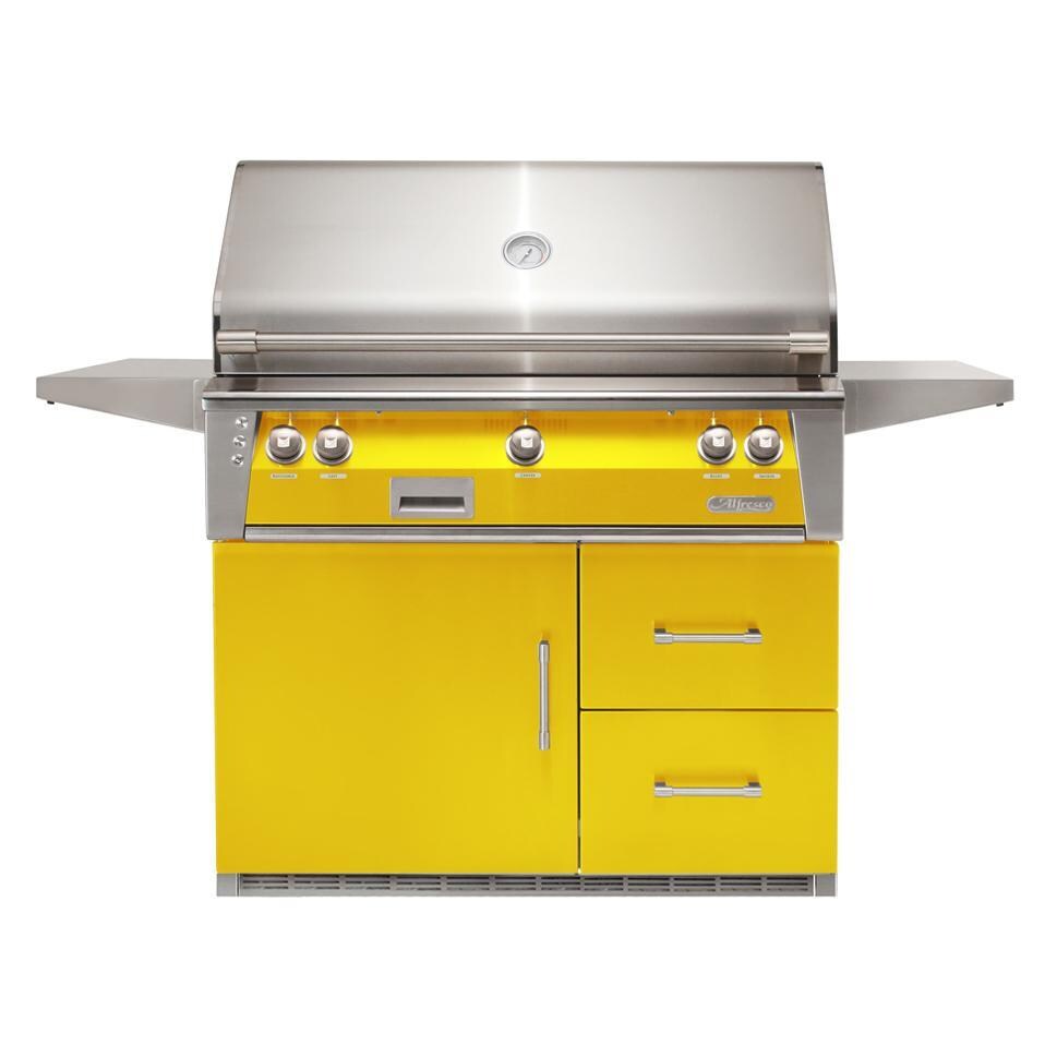 Alfresco ALXE-42SZRFG-LP-S1023 ALXE 42-Inch Freestanding Propane Grill On Refrigerated Cart With Sear Zone And Rotisserie in Traffic Yellow - White Background thumbnail