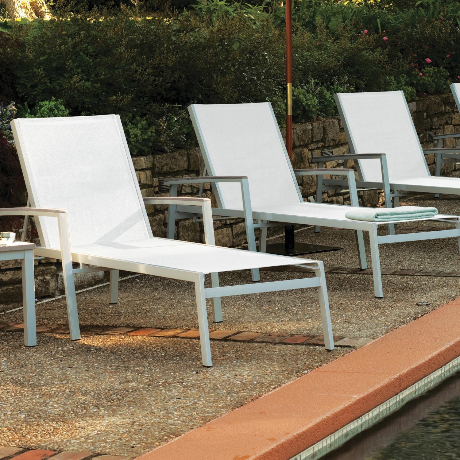 Travira Aluminum Patio Chaise Lounge W/ Natural Sling & Vintage Tekwood Armcaps By Oxford Garden - By the Pool thumbnail