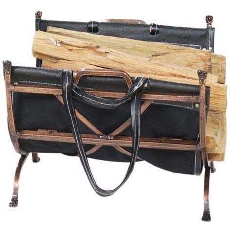 UniFlame Antique Copper Wrought Iron Log Rack With Leather Carrier