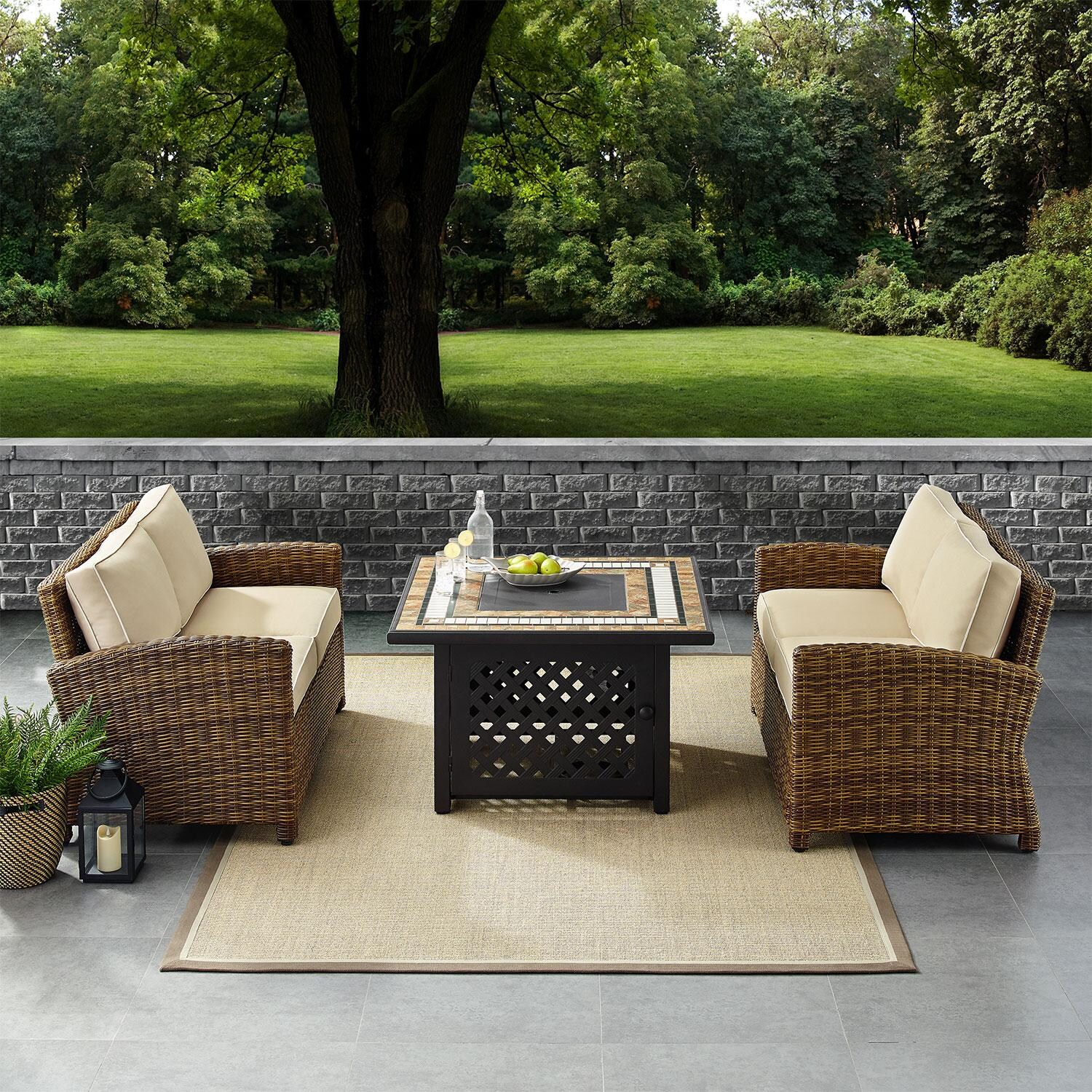 Ultimate Patio UP-92397-SA 3Pc Wicker Outdoor Loveseat Set in Sand - On Patio W/ Fire Table Off - Lifestyle thumbnail