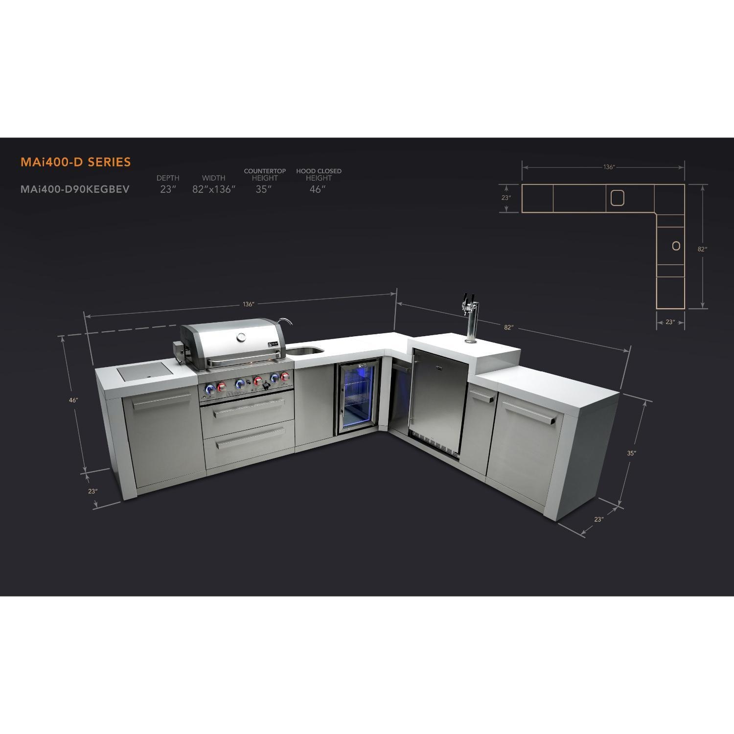 Mont Alpi 400 Deluxe Natural Gas Island w/ 90 Degree Corner, Kegerator & Beverage Center (Ships Propane w/ Conversion Kit) - Dimensions - Dimensional thumbnail