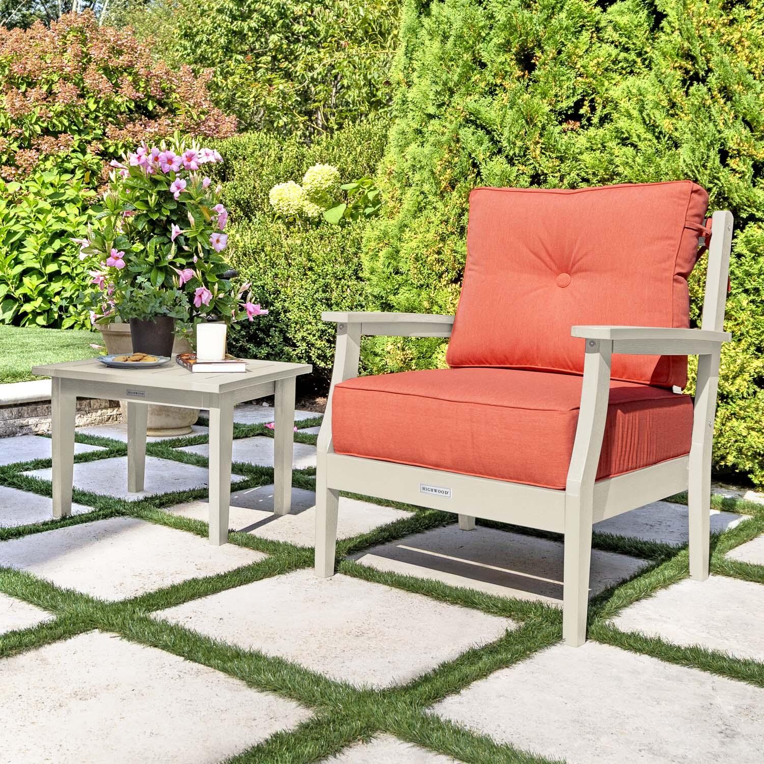 Blushing Bay 3 Pc Recycled Plastic Seating Set in Canvas Persimmon/Whitewash by Lakeview Outdoor Designs - Close Up - Lifestyle thumbnail