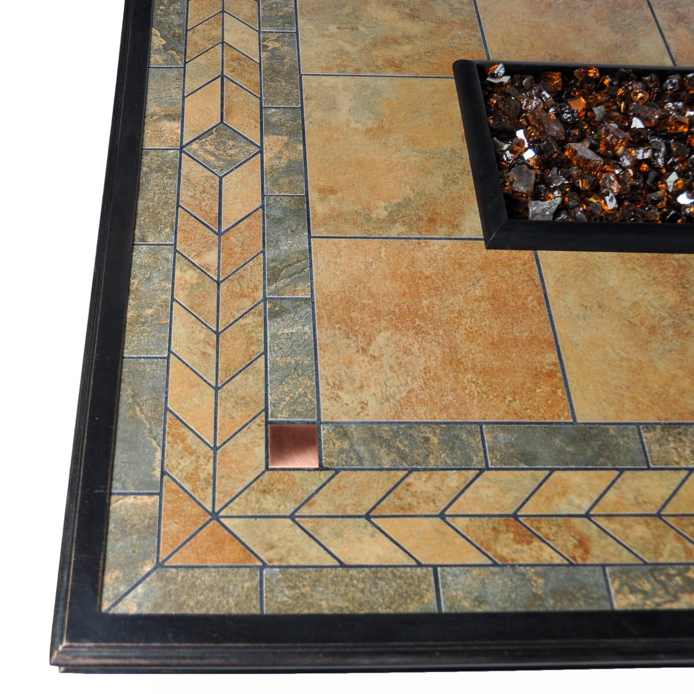 Tretco 50-Inch Panama Rectangular Aluminum Fire Pit Table - Dark Brown W/ Tile Top - Detail thumbnail