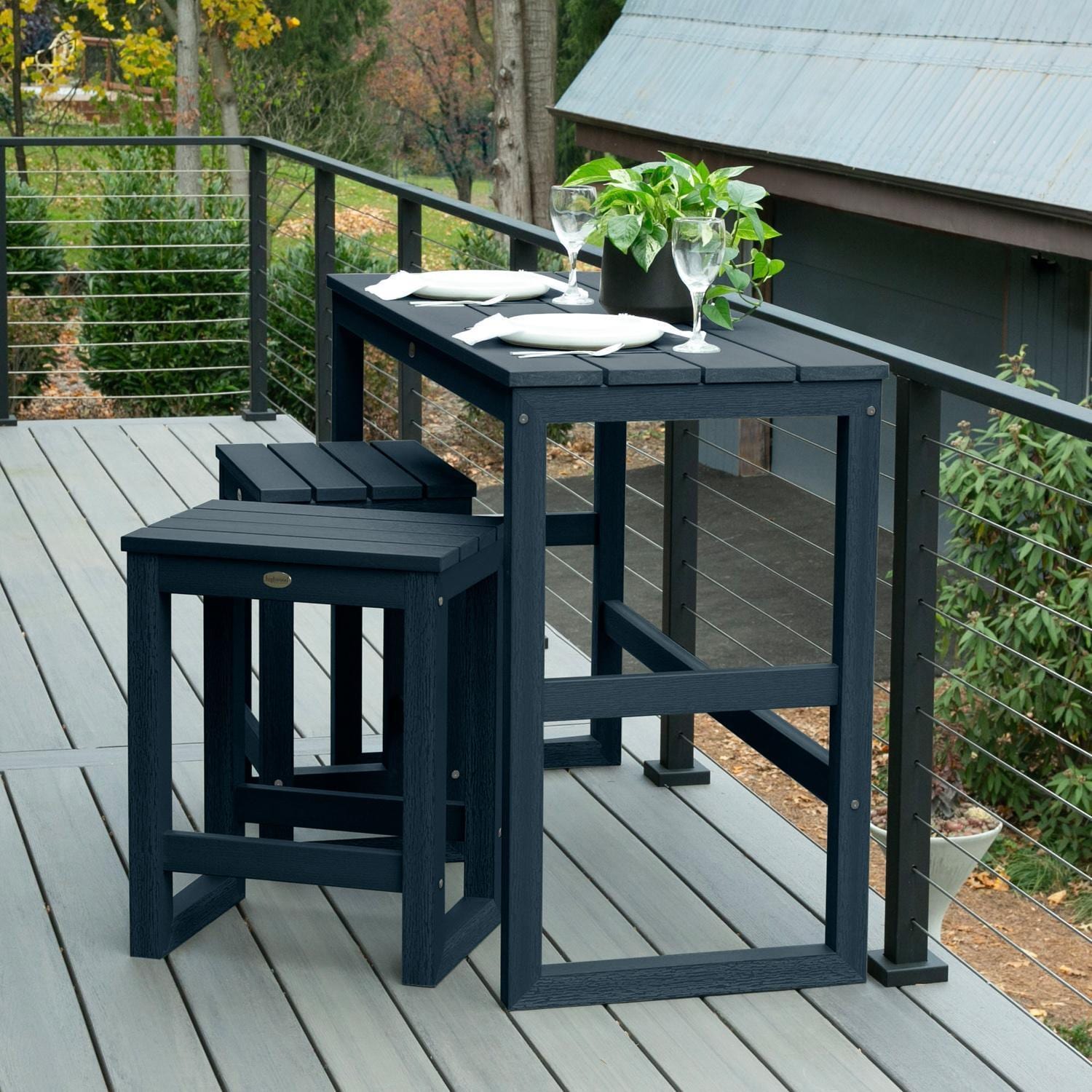 Lakeview Audubon 3 Pc Recycled Plastic Counter Height Balcony Dining Bar Set in Federal Blue - Angle - Lifestyle thumbnail