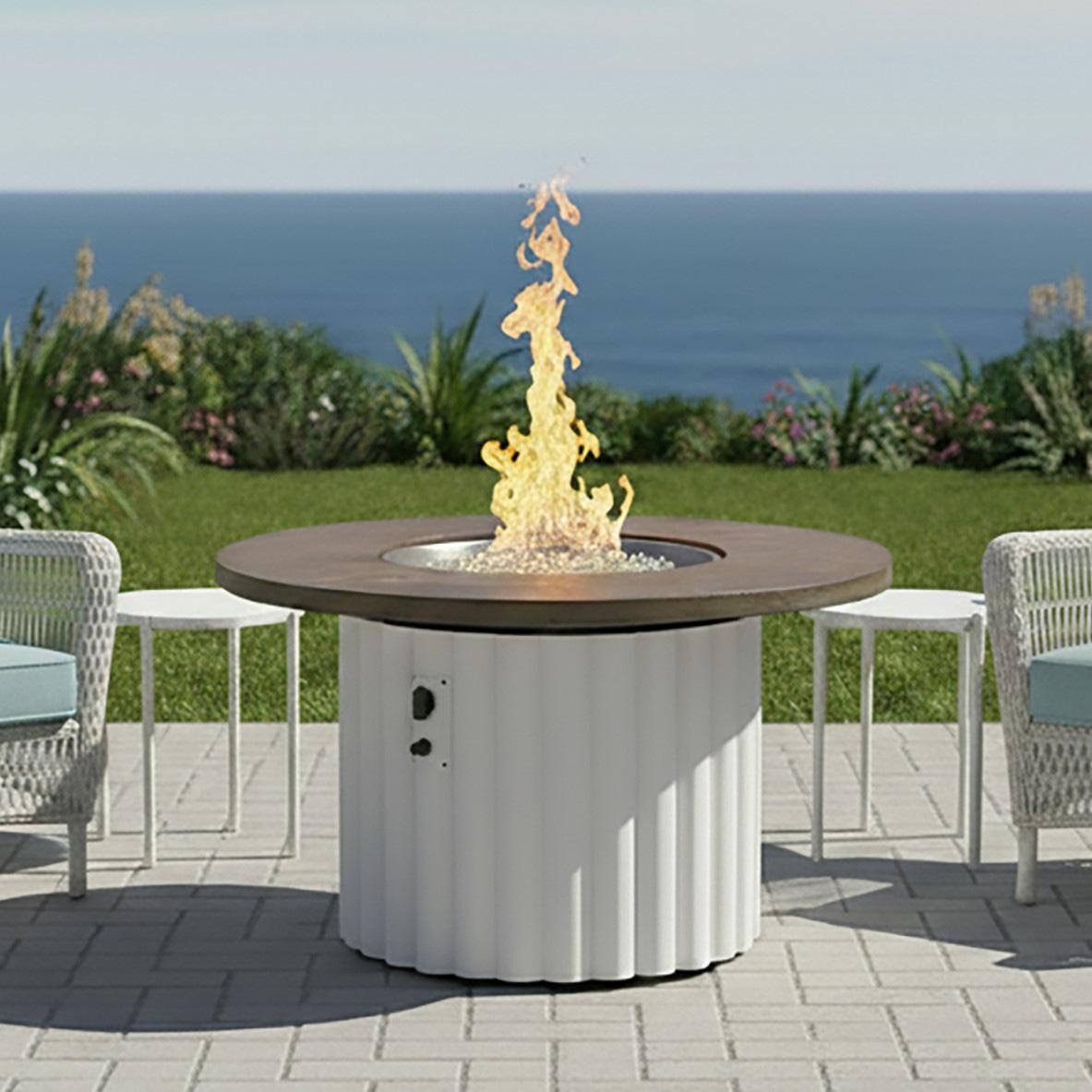 Reverie 48-in Round Aluminum Propane Fire Pit Table in Fossil Brown Supercast Table Top & White Base by The Outdoor GreatRoom Company