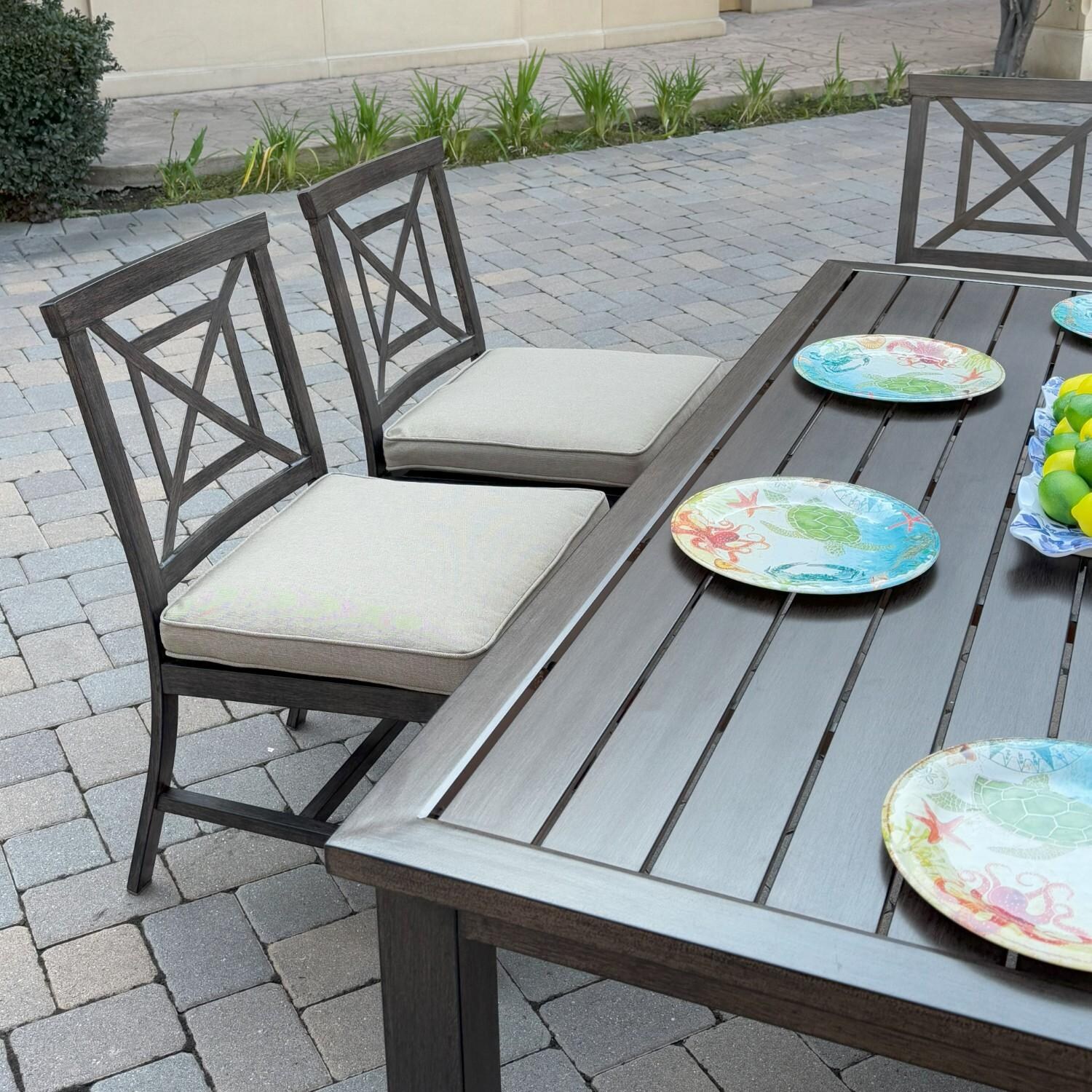 Atlantis 7 Pc Aluminum Dining Set w/ 6 Dining Side Chairs in Walnut/Beige by Darlee - Chairs At Table - Lifestyle thumbnail