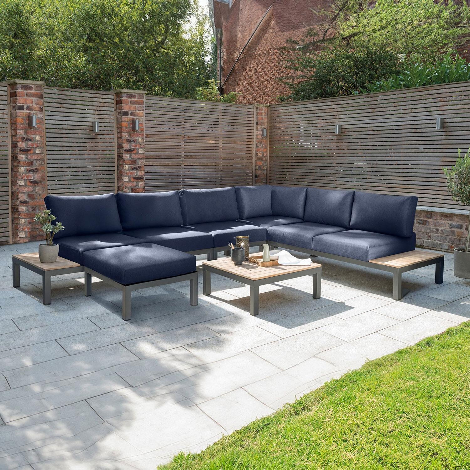 Elba 6 Pc Aluminum/Teak Corner Seating Set in Spectrum Indigo By KETTLER - W/ Out Armless Chair (Included) - Lifestyle thumbnail