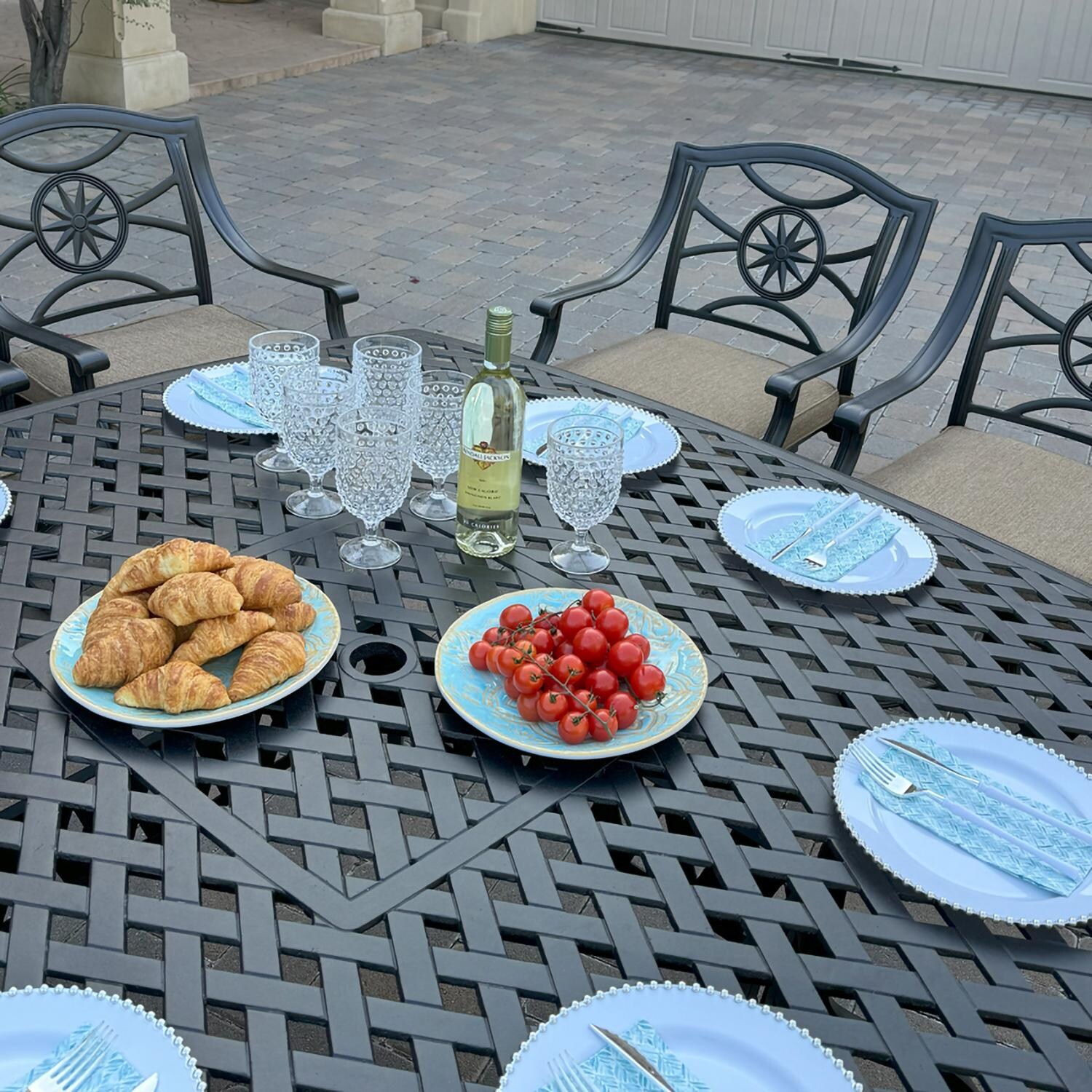 Darlee B/DL503-9PCAR-30W Ten Star 9 Pc Cast Aluminum Dining Set in Antique Bronze - Table Setting - Lifestyle thumbnail