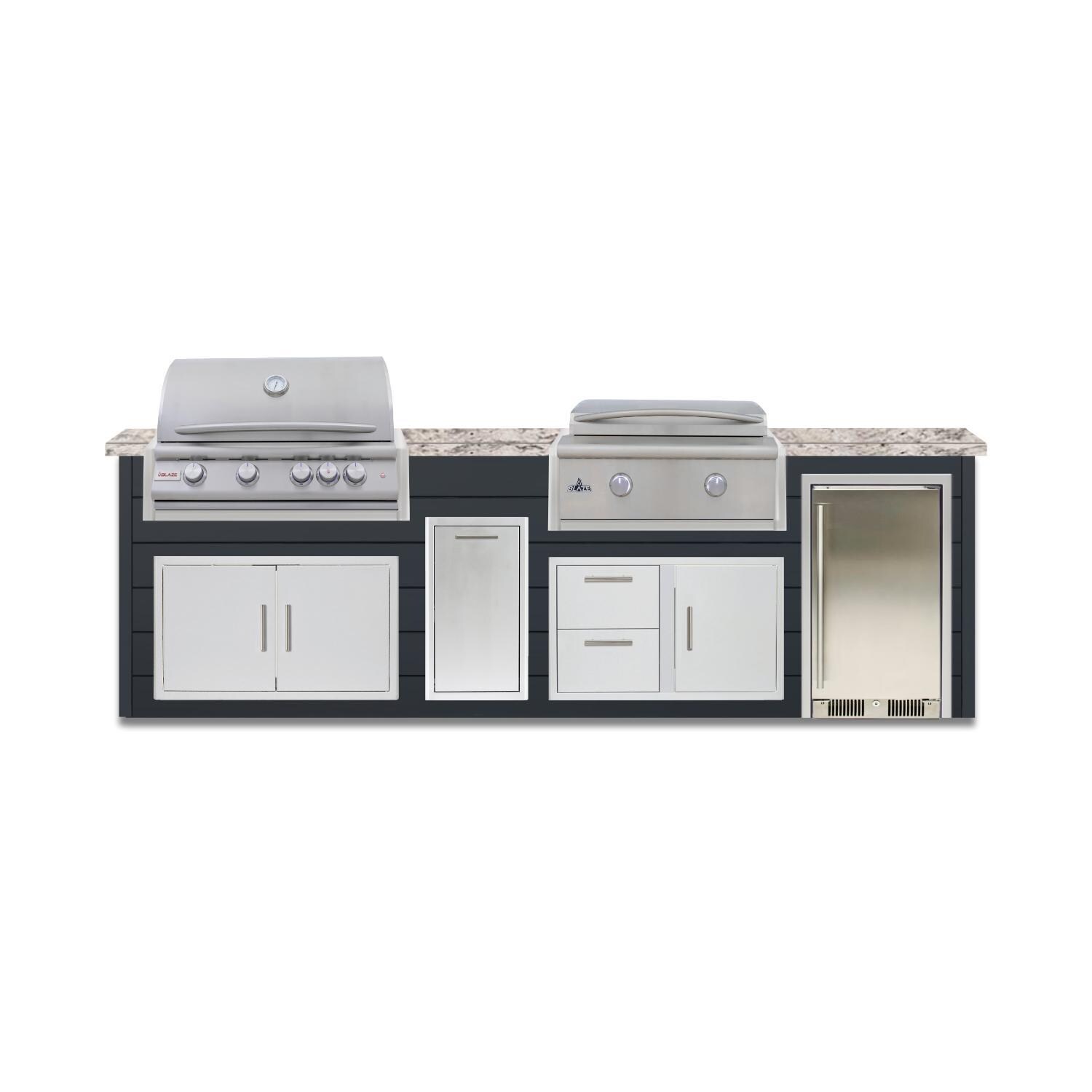 BBQGuys Signature 10 Ft Grill Island w/ 32 Inch Natural Gas Blaze Premium LTE+ Grill & Griddle, Narrow Trash Bin & Door & Drawer | Asphalt Gray w/ White Granite - Front - White Background thumbnail