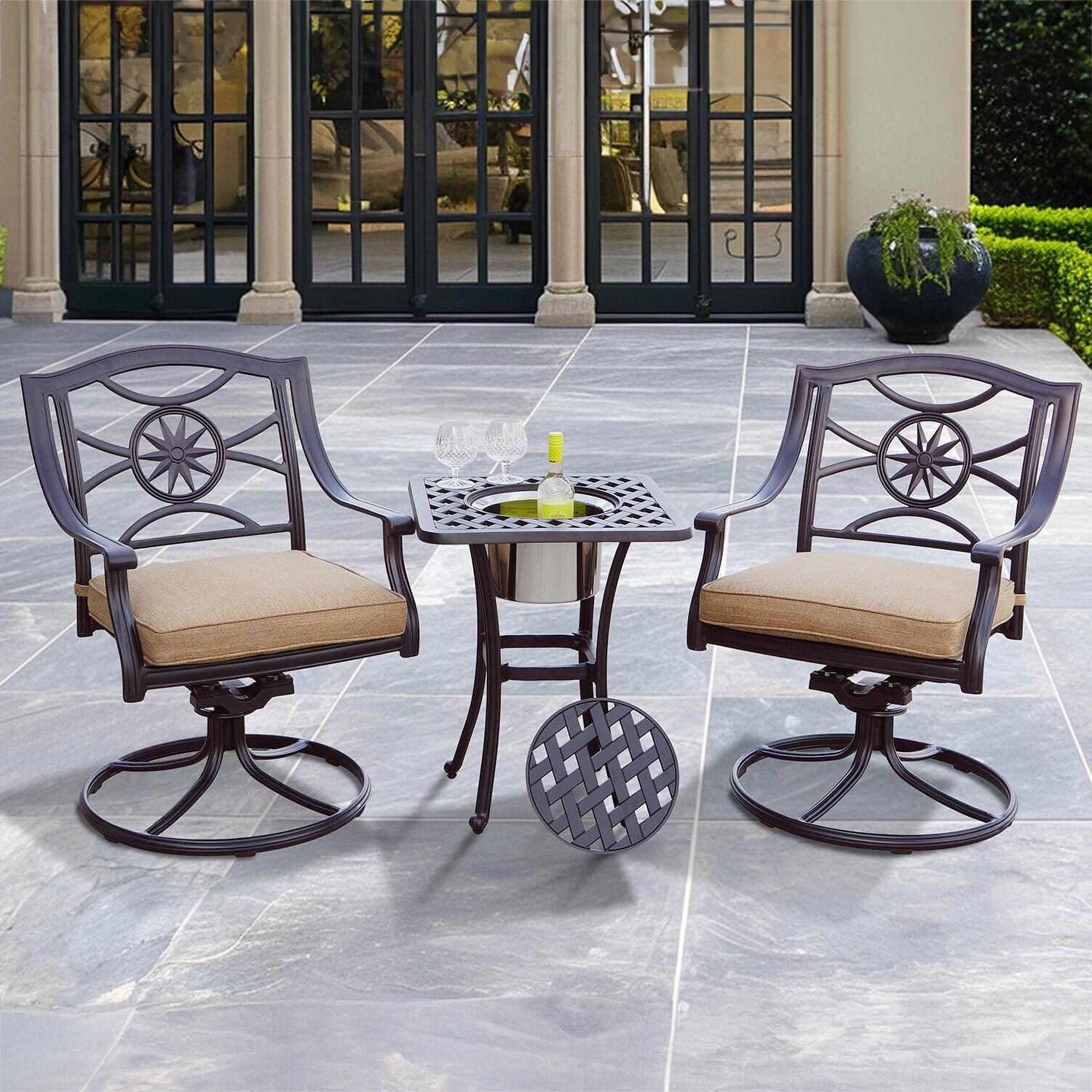 Ten Star 3 Pc Cast Aluminum Bistro Set w/ 25 Inch Series 30 Ice Bucket End Table & in Antique Bronze/Sesame by Darlee