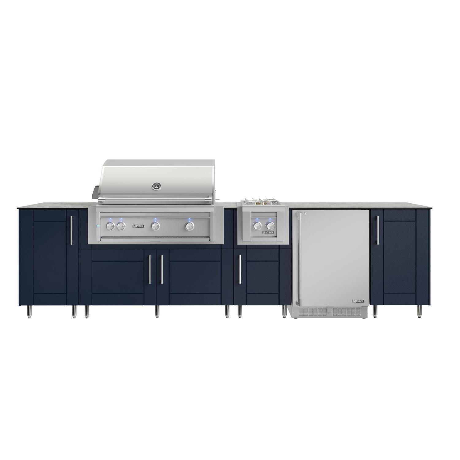 WeatherStrong Nassau 10 1/2 Ft Outdoor Kitchen Island w/ Lynx Natural Gas Grill, Side Burner & Refrigerator in Sapphire Blue/Glacier Frost