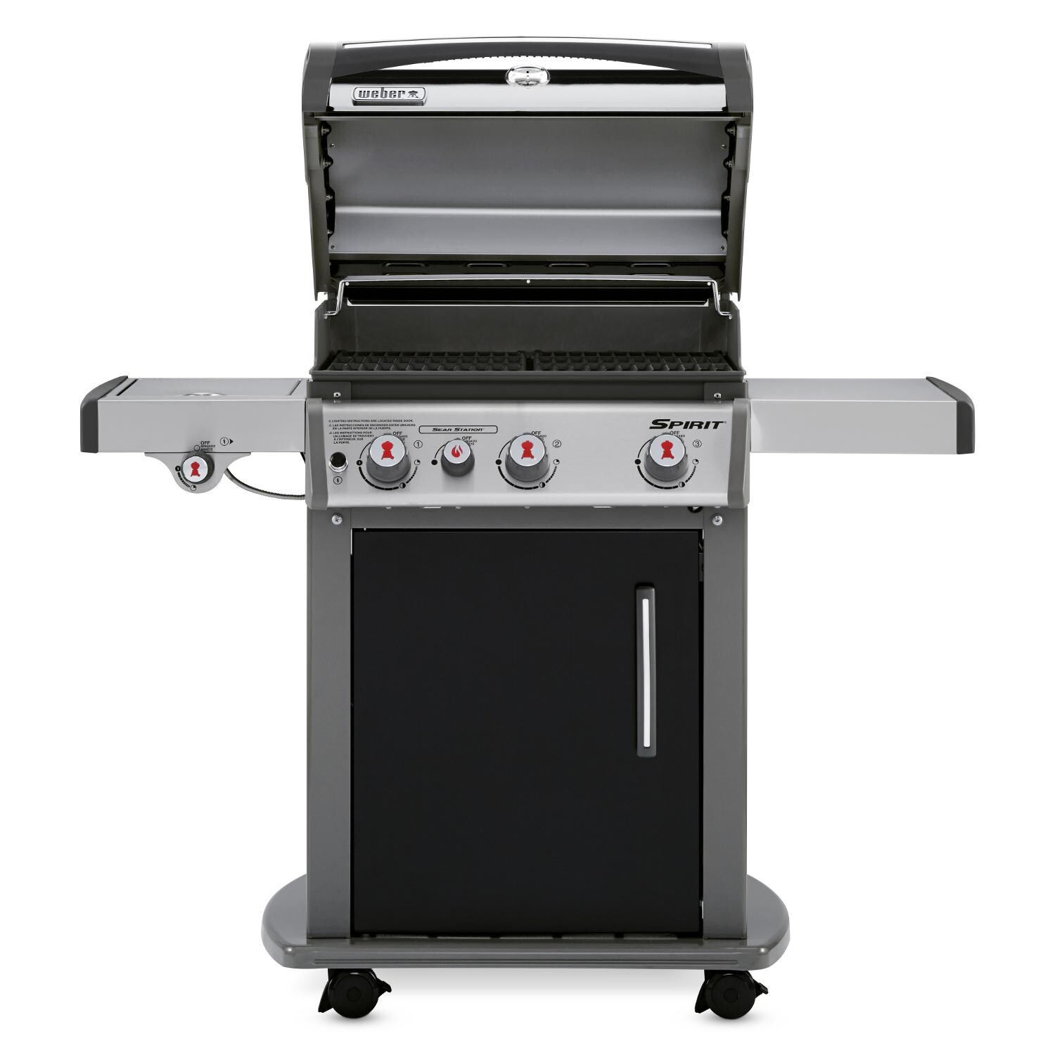 Weber - 46810001 - Spirit E-330 Freestanding Propane Gas Grill W/ Sear Burner & Side Burner - Black - Front Hood Open thumbnail