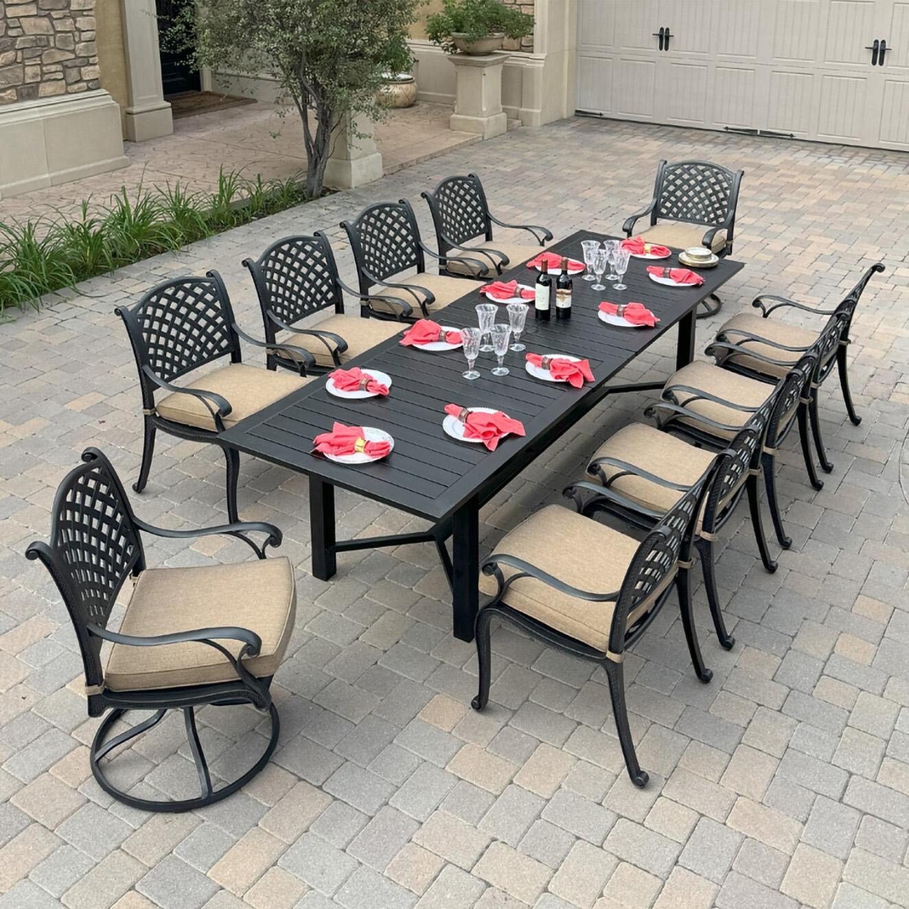 Nassau 11 Pc Cast Aluminum Dining Set w/ Rocker in Antique Bronze w/ Sesame Cushions By Darlee