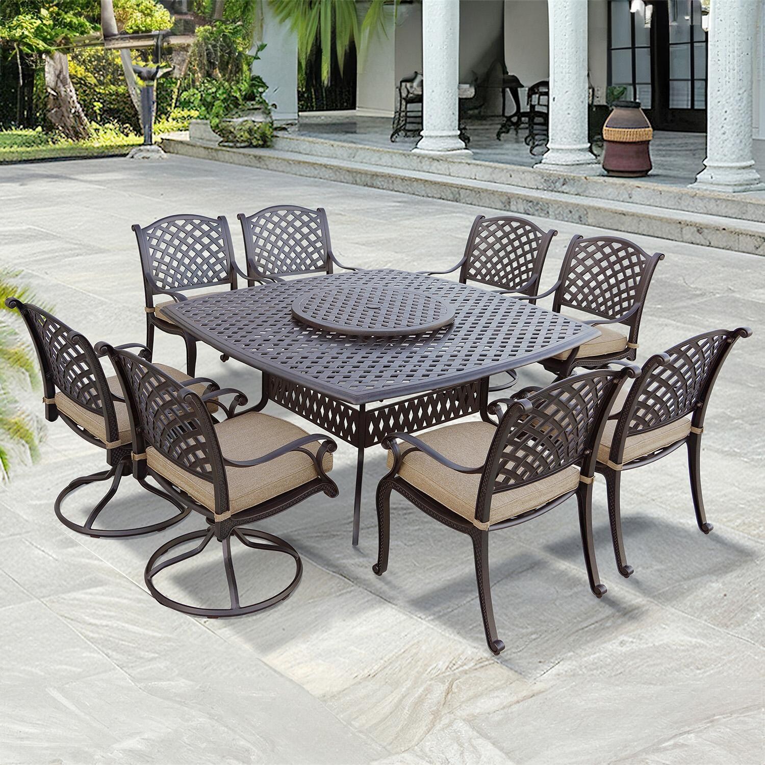 Nassau 10 Pc Cast Aluminum Dining Set w/ 64 Inch Square Series 30 Table & Lazy Susan 4 Swivel Rockers in Antique Bronze/Sesame by Darlee