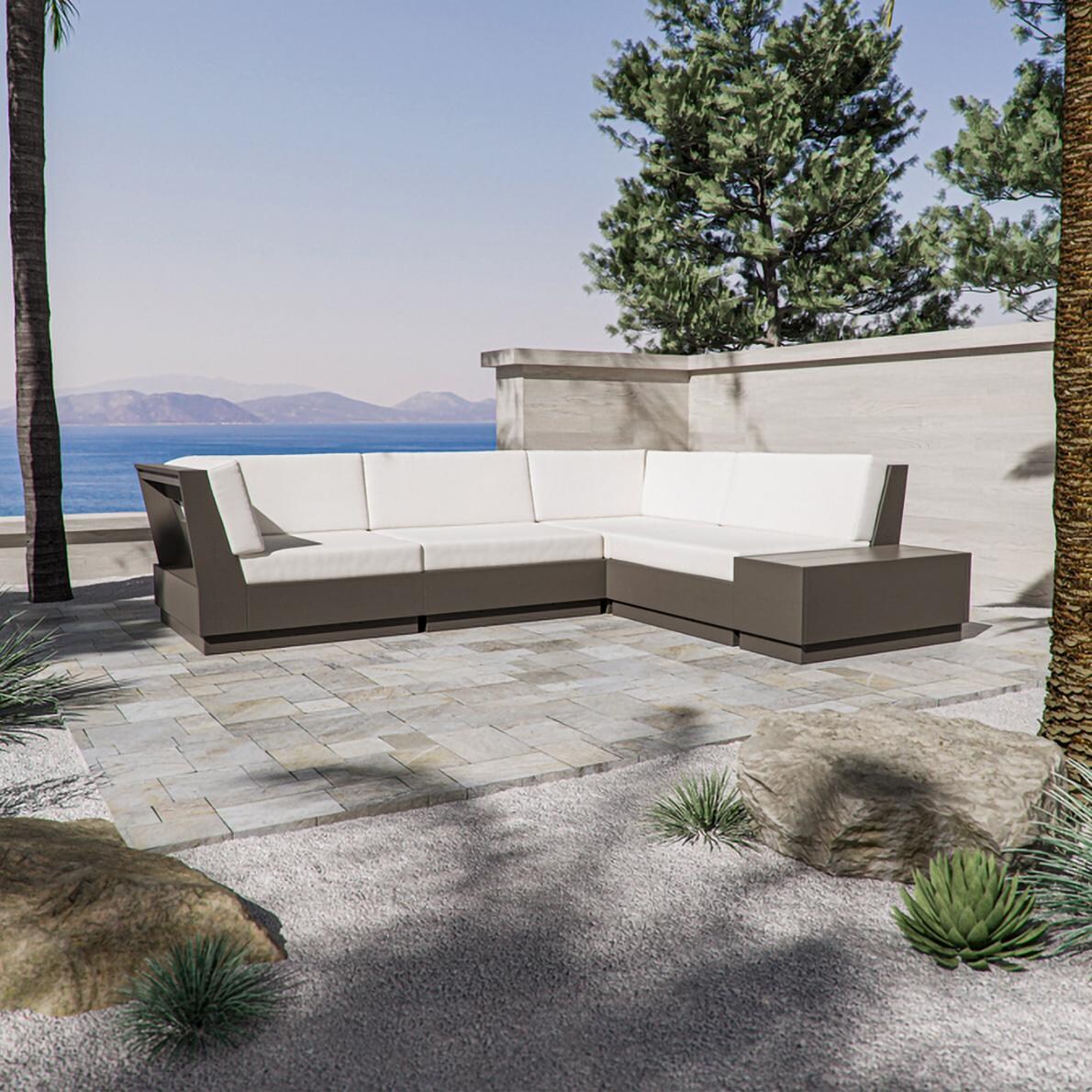 Elevate 5 Pc Recycled Plastic Corner Sectional Seating Set in Vintage Coffee/Weathered Tweed By PW Designer Series - On the Patio (Shown in Vintage Coffee/Dune Burlap) - Lifestyle thumbnail