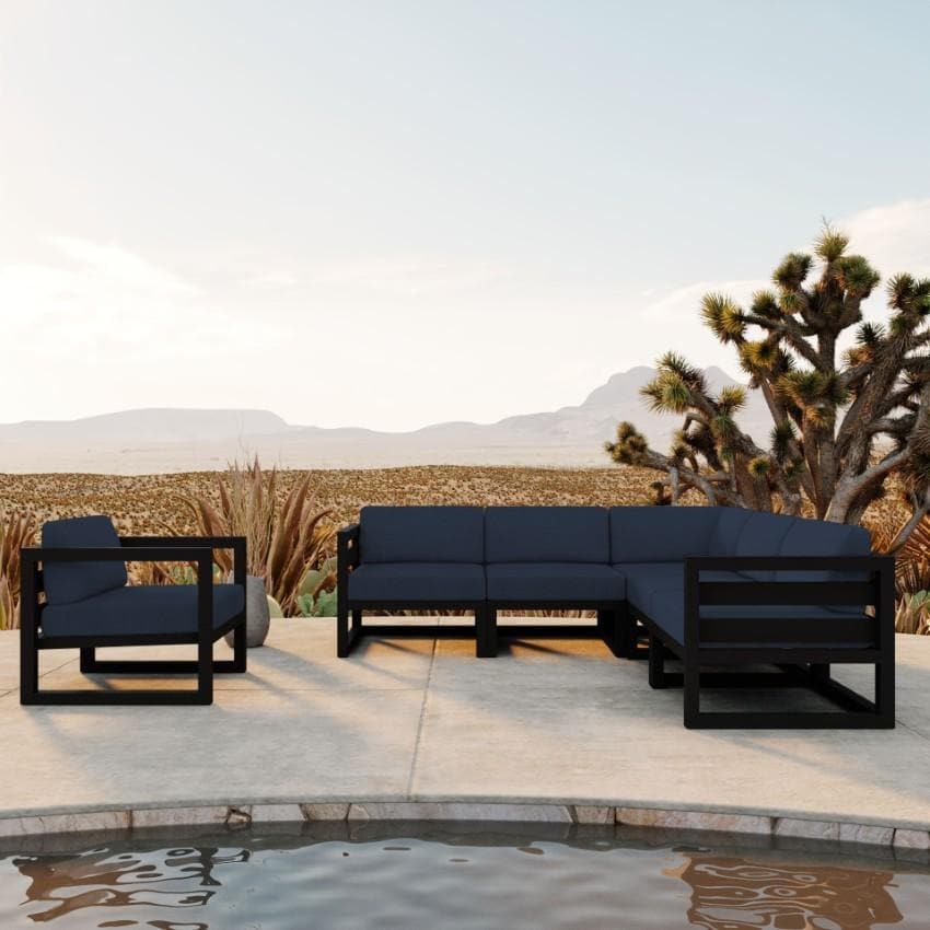 Lakeview Misty Cove 6 Pc Aluminum Sectional Set in Black w/Club Chair & Spectrum Indigo Cushions by Lakeview Outdoor Designs - Hero - Lifestyle thumbnail