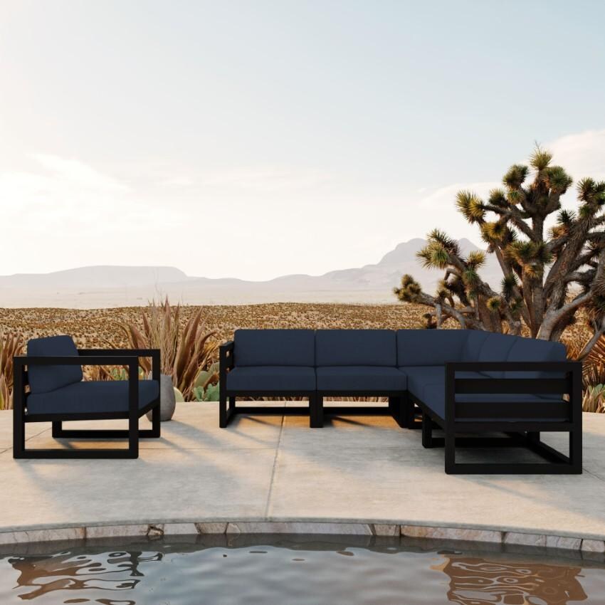 Misty Cove 6 Pc Aluminum Seating Set w/ Sectional in Black/Spectrum Indigo by Lakeview Outdoor Designs
