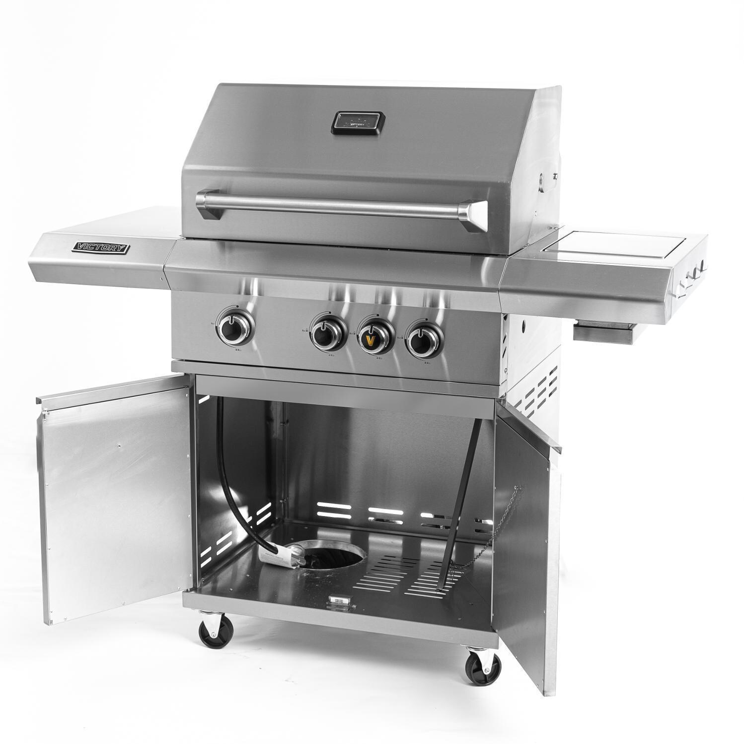 Victory - BBQ-VCT3BSB-LP - 3-Burner Propane Gas Grill With Infrared Side Burner - Cart Open