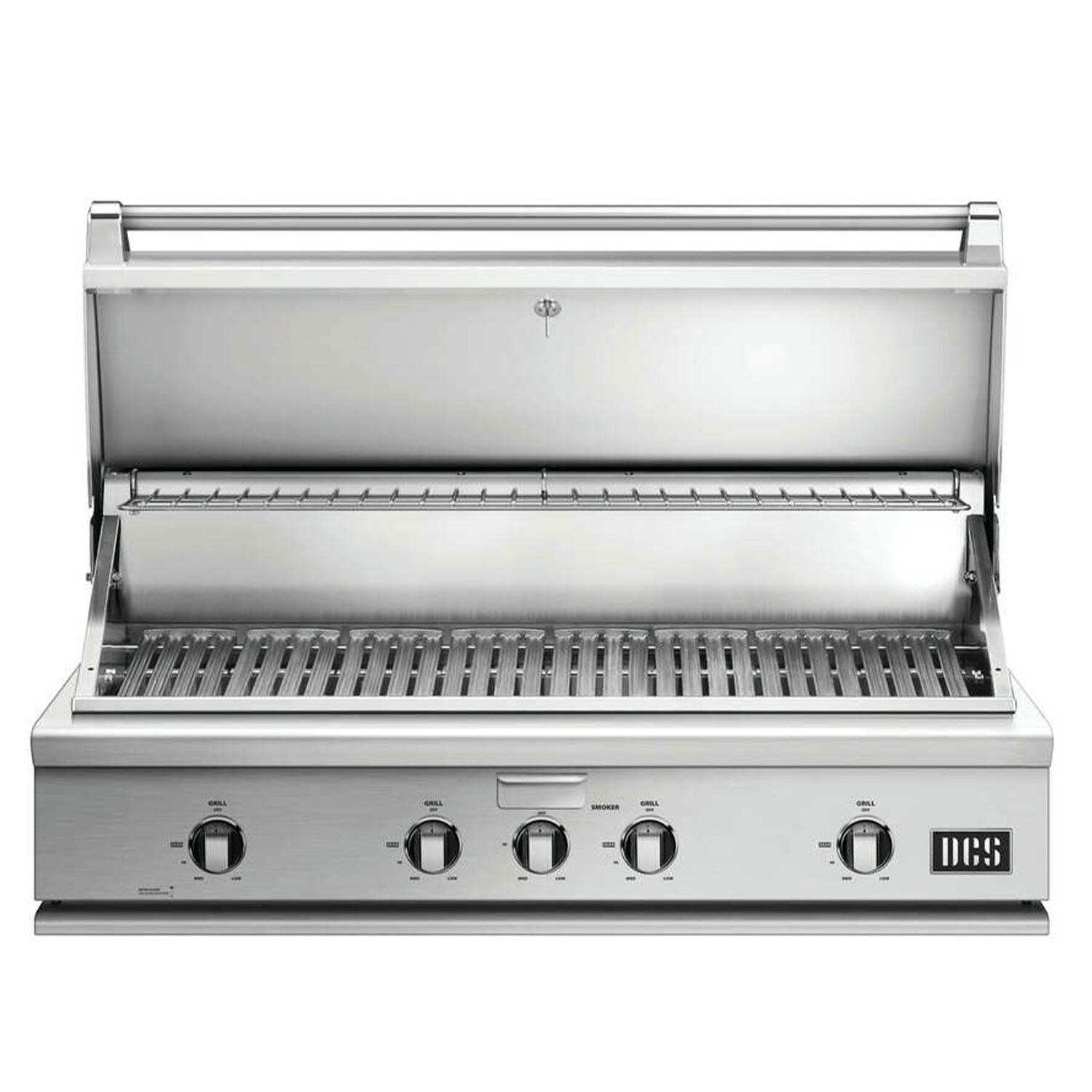 DCS BH1-48-N Series 7 48-in 4 Burner Built-In Natural Gas Grill w/ Integrated Smoker Box & Independent Burner - Lid Up - White Background thumbnail
