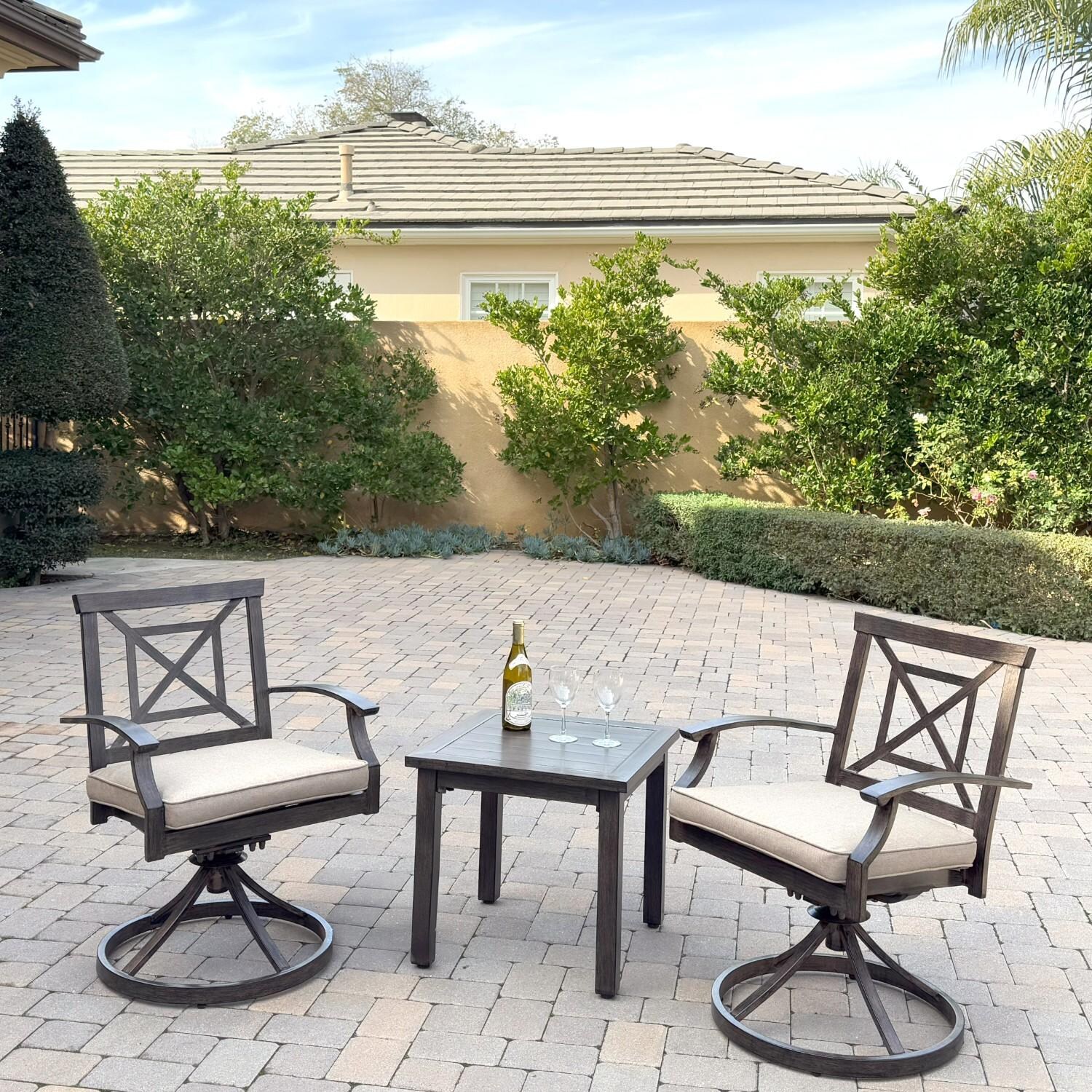 Atlantis 3 Pc Aluminum Seating Set w/ 2 Swivel Rocker Arm Chairs in Walnut/Beige by Darlee