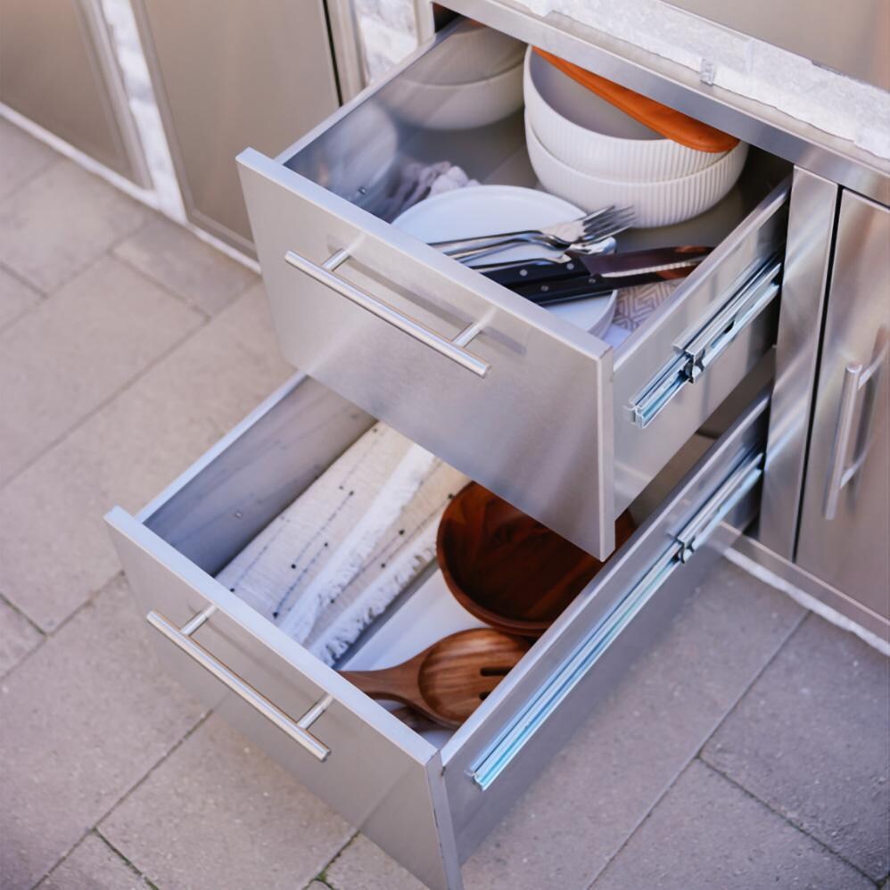 BBQGuys Signature 8 Ft Grill Island w/ 32 Inch Natural Gas Blaze Premium LTE+ Grill & Griddle, Narrow Trash Bin & Door & Drawer | Alaska Gray w/ Black Granite - Double Drawers - Lifestyle