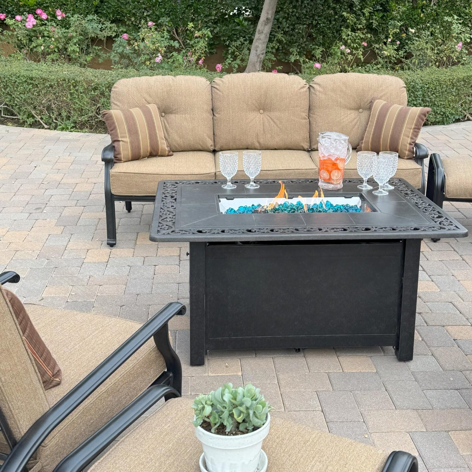 Elisabeth 6 Pc Set Cast Aluminum Seating Set w/ 49 X 35 Inch Fire Pit Table w/ Adjustable Club Chair, Sofa, and Ottoman in Sesame/Antique Bronze by Darlee - Close Up - Lifestyle thumbnail