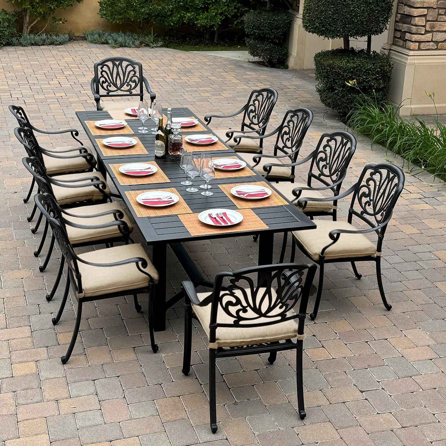 Elisabeth 11 Pc Cast Aluminum Dining Set w/ 91 X 40 Inch Atlantis Table in Antique Bronze/Beige by Darlee