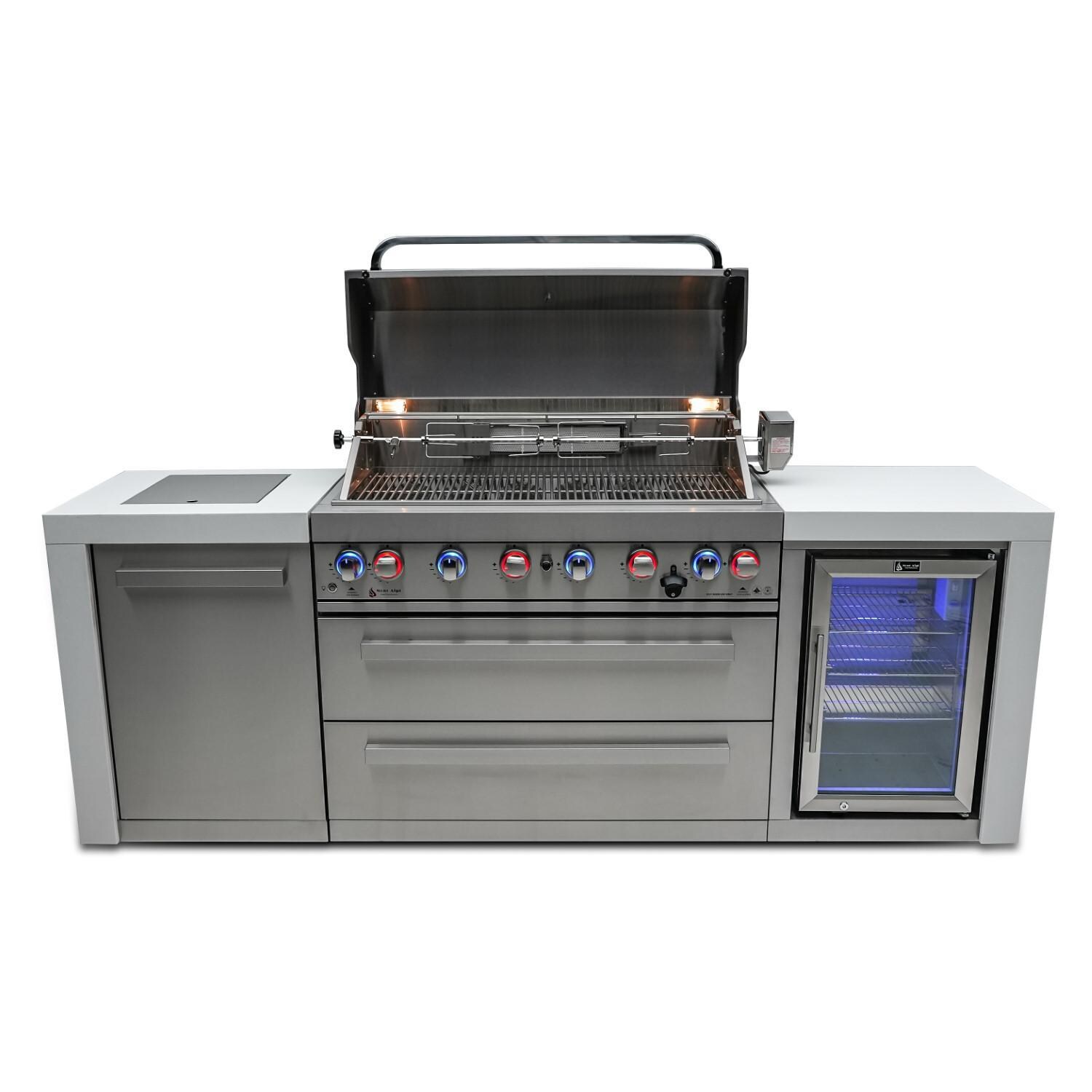 Mont Alpi MAi805-DFC Deluxe Propane Gas Island Grill W/ Refrigerator Cabinet - Front Open - White Background