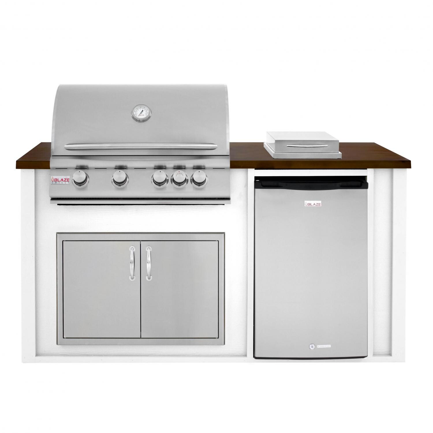 BBQGuys 6 Ft BBQ Island With Blaze 32-Inch Propane Gas Grill, Double Access Door, Compact Refrigerator & Side Burner - White/Brown - BLZAD4.5SBLP-6SBVP4PWCB