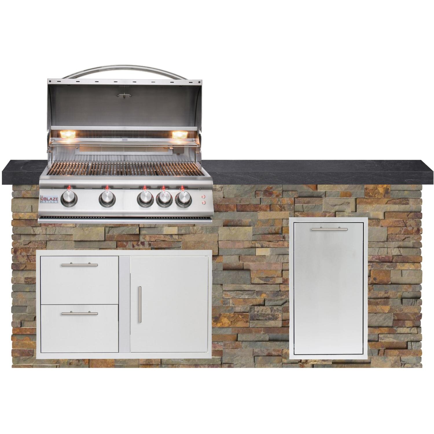 BBQGuys Signature 6ft Luxury Outdoor Island W/ Blaze Premium LTE 32-Inch Natural Gas Grill - Gold Rush Stone W/ Black Polished Granite