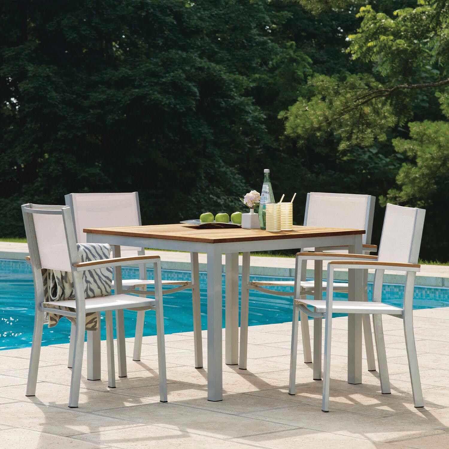 Travira 5 Pc Powder-Coated Aluminum Dining Set W/ Square Table in Natural/Flint By Oxford Garden - By The Pool - Lifestyle thumbnail