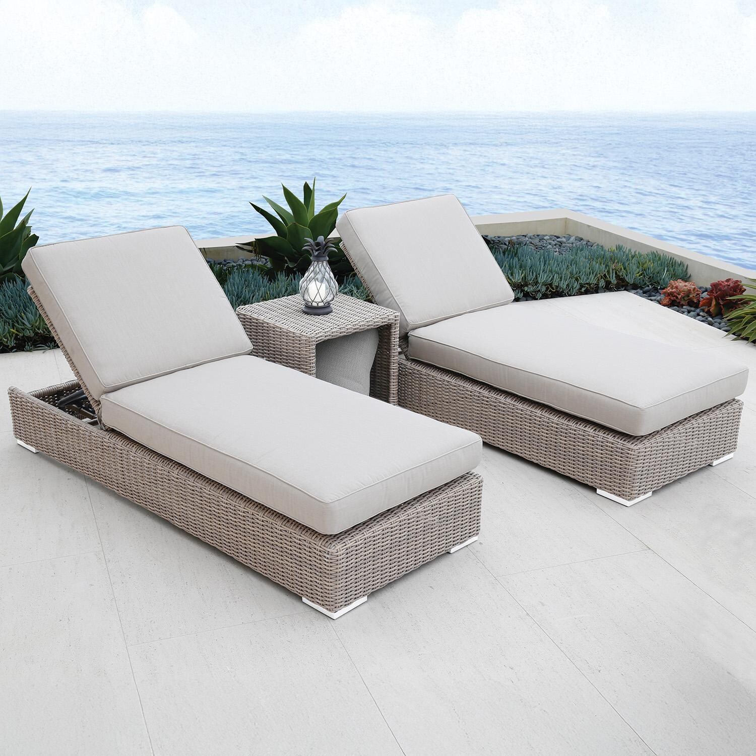 Coronado Wicker Chaise Lounge Reclining in Driftwood/Canvas Henna by Sunset West - Shown as Set in Different Fabric - Lifestyle thumbnail