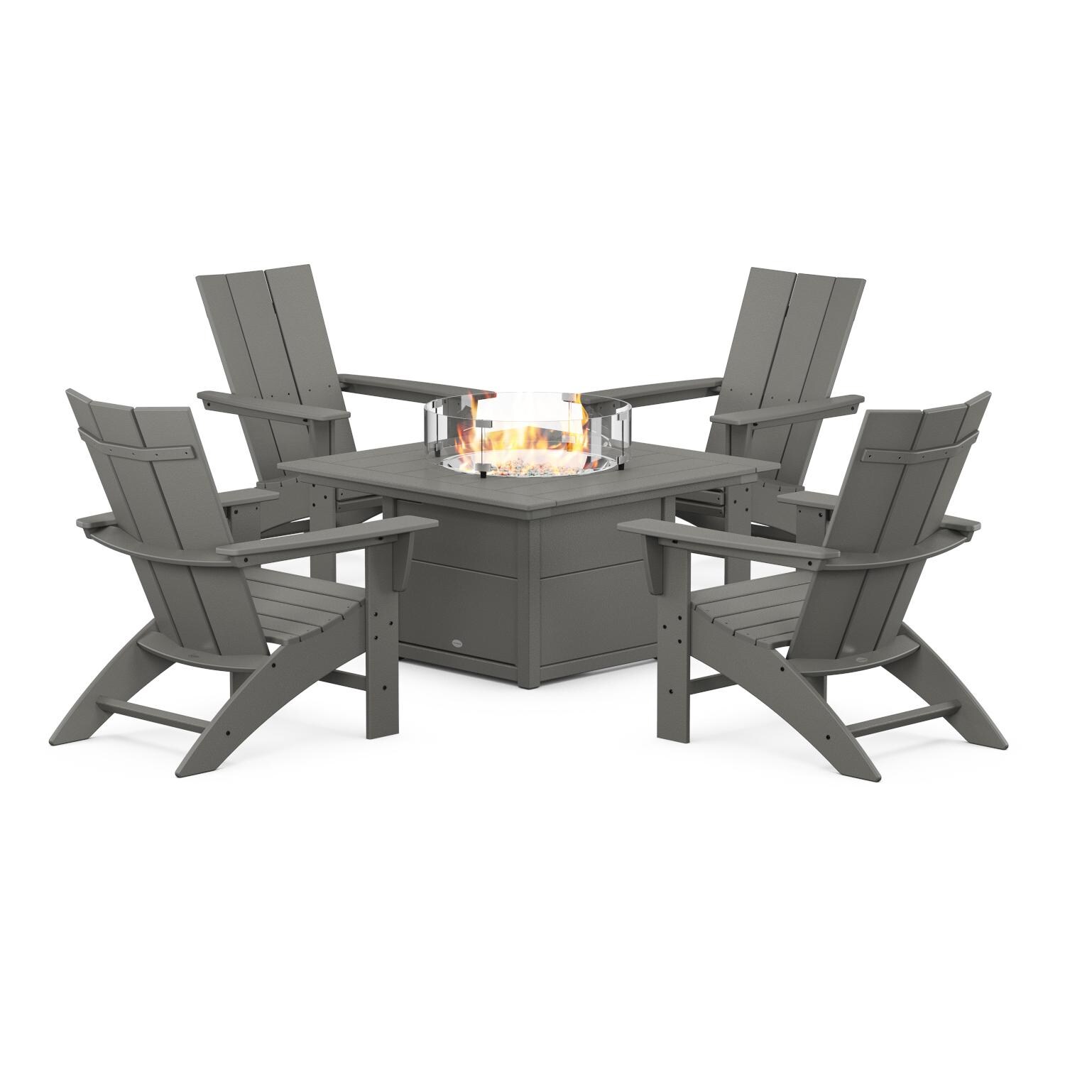 Modern Adirondack 5 Pc Recycled Plastic Fire Pit Seating Set w/ Curveback Chairs in Slate Gray by POLYWOOD