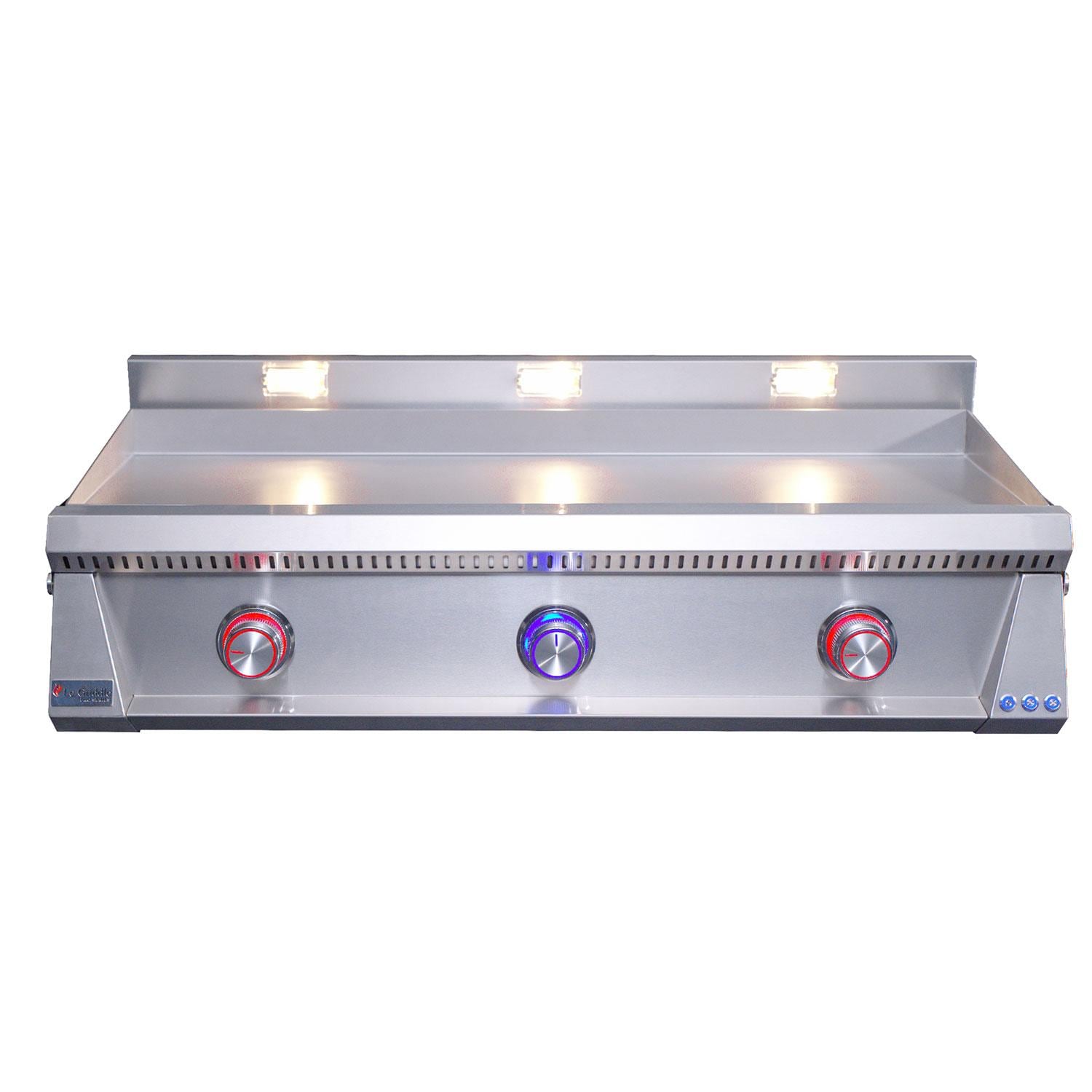 Le Griddle OML105P3 LP Pro Series 105 3 Burner Built-In Propane Flat Top Grill w/ 3mm Plate - Blue LED Lights = Control valve in OFF position - White Background thumbnail