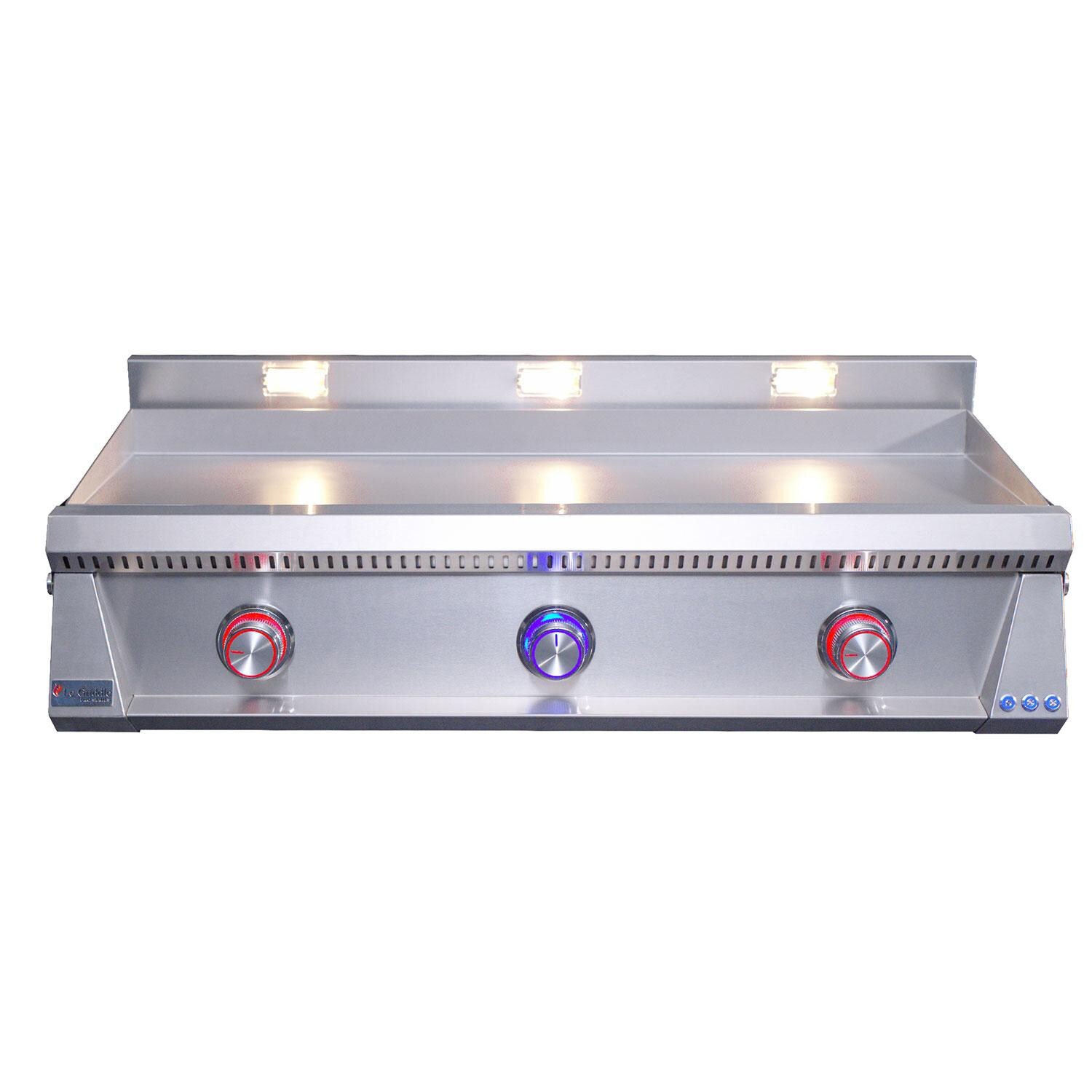 Le Griddle OML105P3 LP Pro Series 105 3 Burner Built-In Propane Flat Top Grill w/ 3mm Plate - Blue LED Lights = Control valve in OFF position - White Background thumbnail