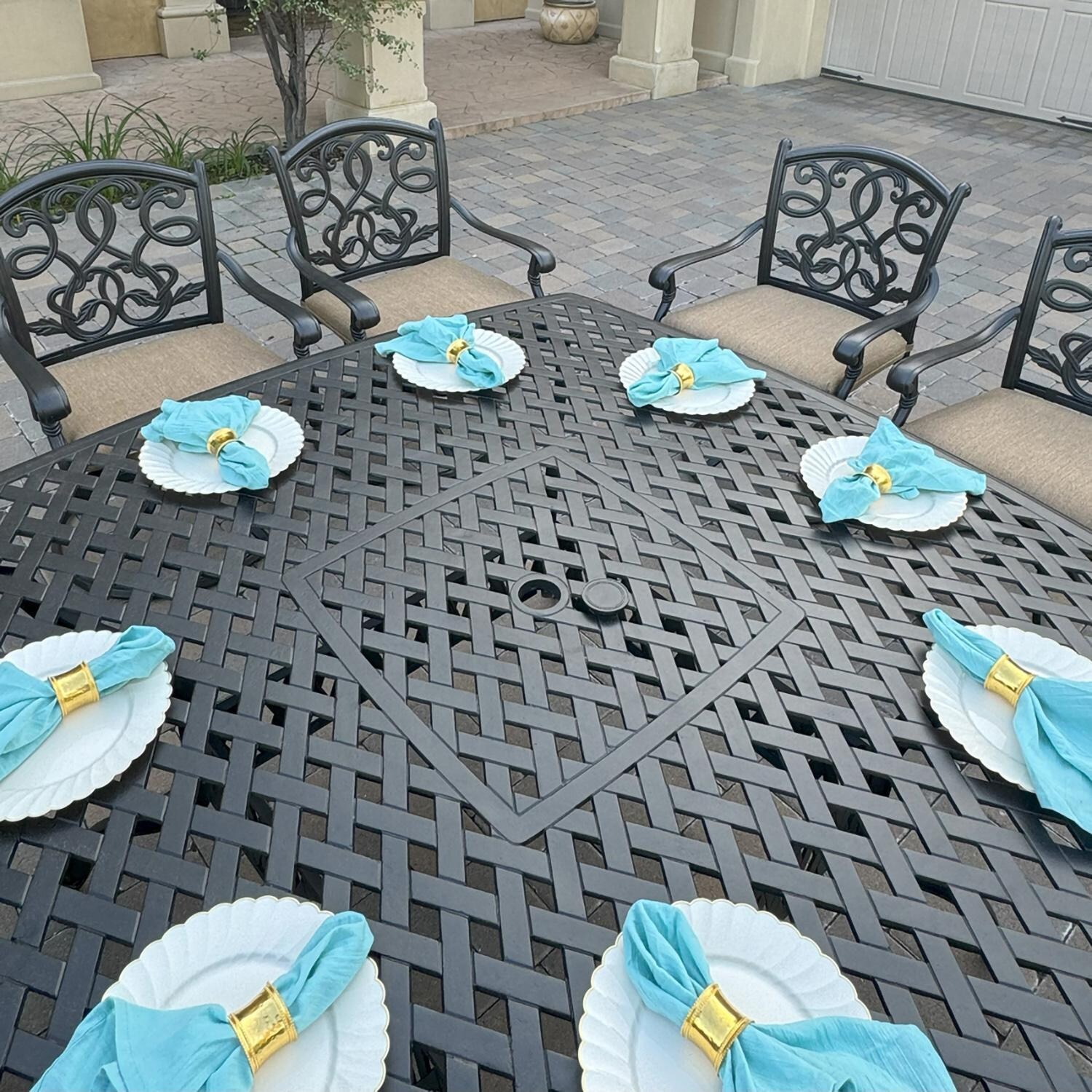 Darlee B/DL2052-9PCAR-30W Santa Monica 9 Pc Cast Aluminum Swivel Rocker Dining Set in Antique Bronze - Table Top - Lifestyle thumbnail