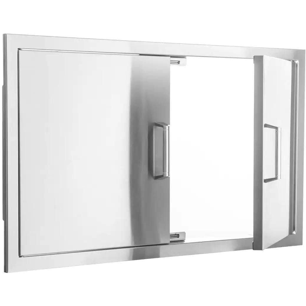 BBQGuys Signature 40-in Contempo/Traditional Stainless Steel Double Access Door - Door Open - White Background