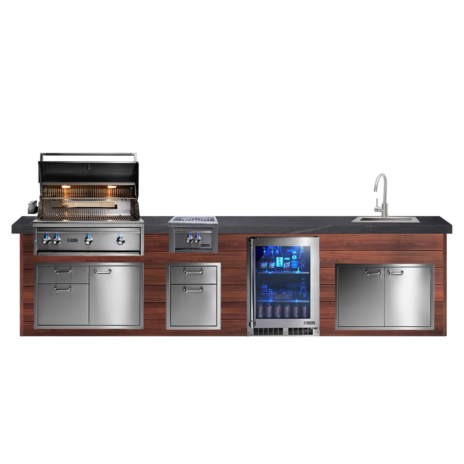 BBQGuys Signature 12ft Luxury Outdoor Kitchen w/ Lynx Professional 36-Inch Propane Grill, 21-Inch Sink & Refrigerator - Dark National Walnut Aluminum w/ Black Polished Granite - White Background thumbnail