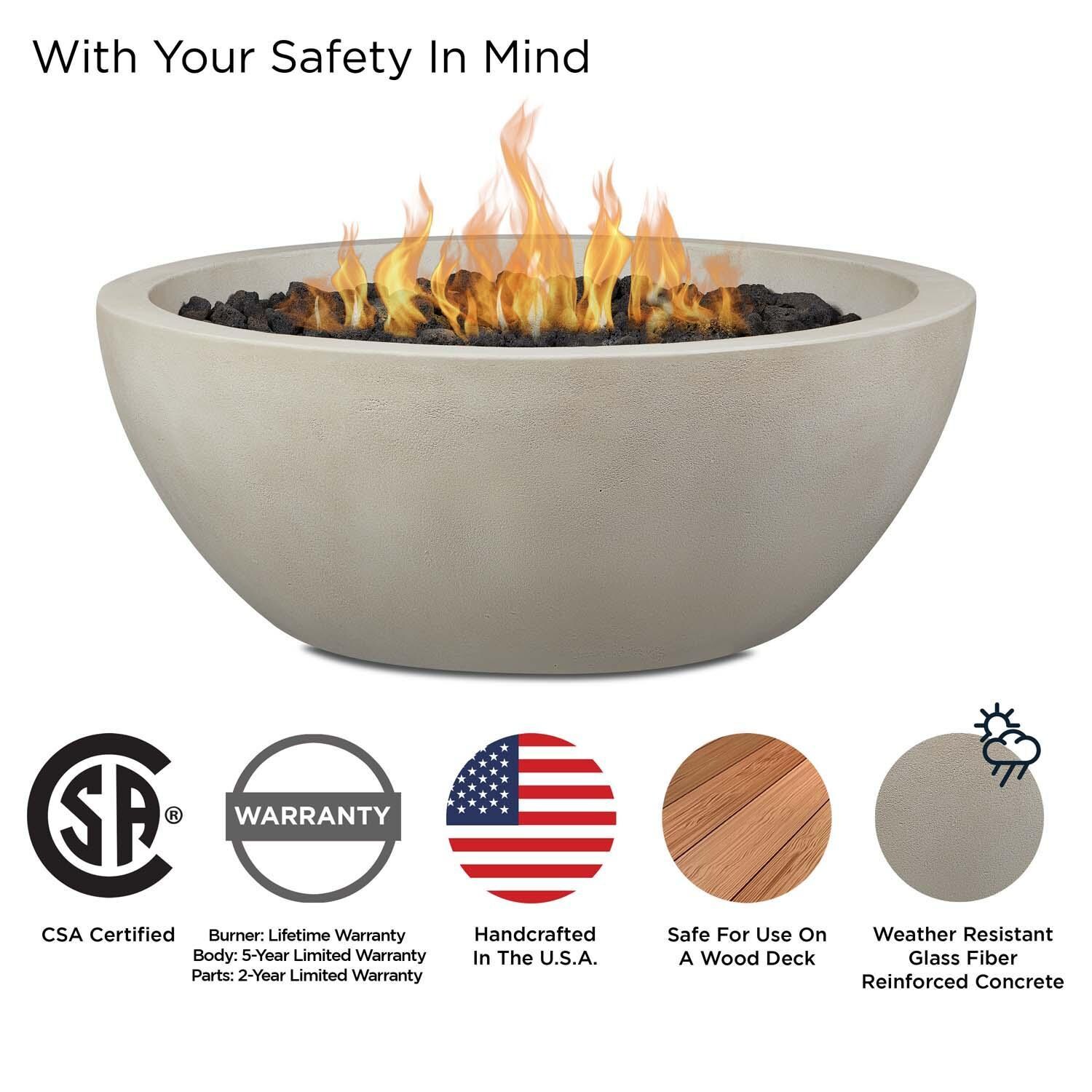 Dustyview 42 Inch Round Glass Fiber Reinforced Concrete Propane Fire Bowl in Fog by BBQGuys Signature - Safety thumbnail
