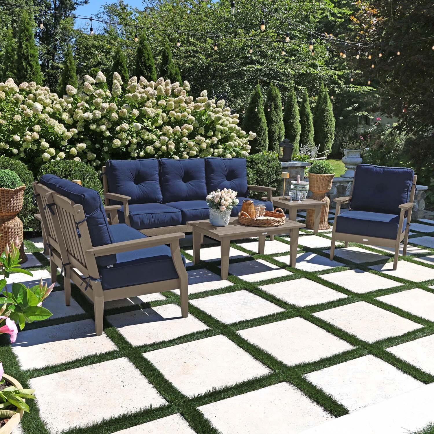 Blushing Bay 6 Pc Recycled Plastic Grand Seating Set in Spectrum Indigo/Woodland Brown by Lakeview Outdoor Designs - Left Angled - Lifestyle thumbnail