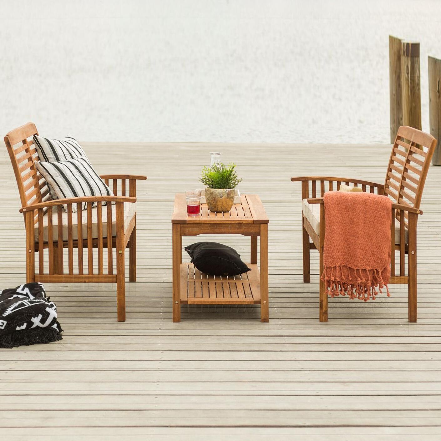 Ultimate Patio Horizon Way 3 Piece Brown Acacia Patio Conversation Set W/ Loveseats & Natural Cushions - Side View thumbnail