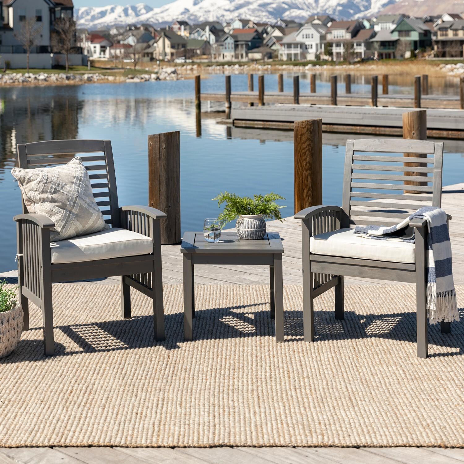 Walker Edison 3 Piece Acacia Patio Conversation Set W/ 20 Inch Square Side Table - Grey Wash image
