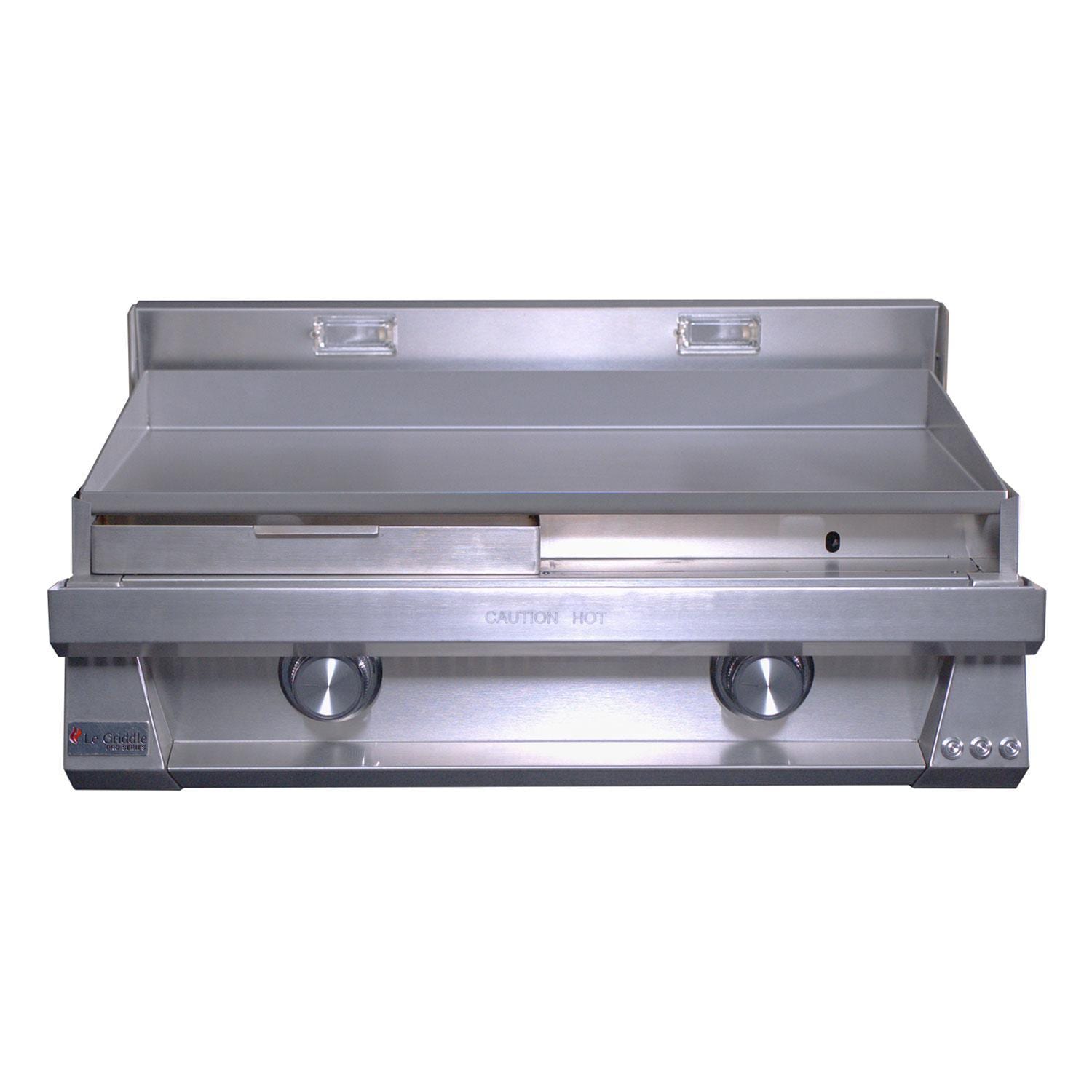 Le Griddle Pro Series 75 30-in 2 Burner Built-In Natural Gas Flat Top Grill w/ 3mm Plate & Lid - Right Tray Removed - White Background thumbnail