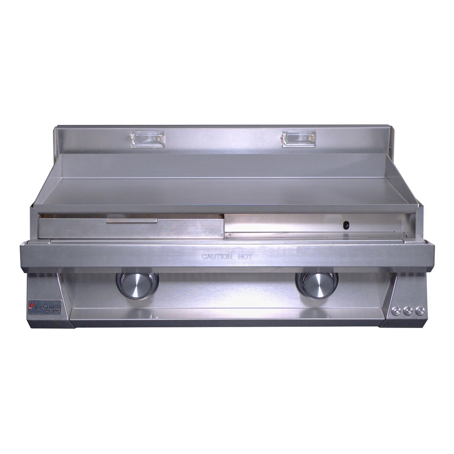 Le Griddle Pro Series 75 30-in 2 Burner Built-In Natural Gas Flat Top Grill w/ 3mm Plate & Lid - Right Tray Removed - White Background thumbnail