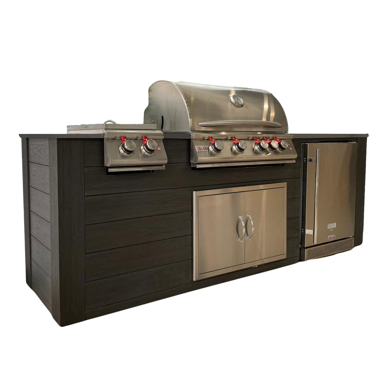 Pro-Fit 8-Foot Outdoor Kitchen Island W/ BLZ-4LTE2-LP Blaze Premium LTE 32-Inch Propane Gas Grill, Double Side Burner & Refrigerator - Onyx / Grigio Piombo Satin - Left Side thumbnail
